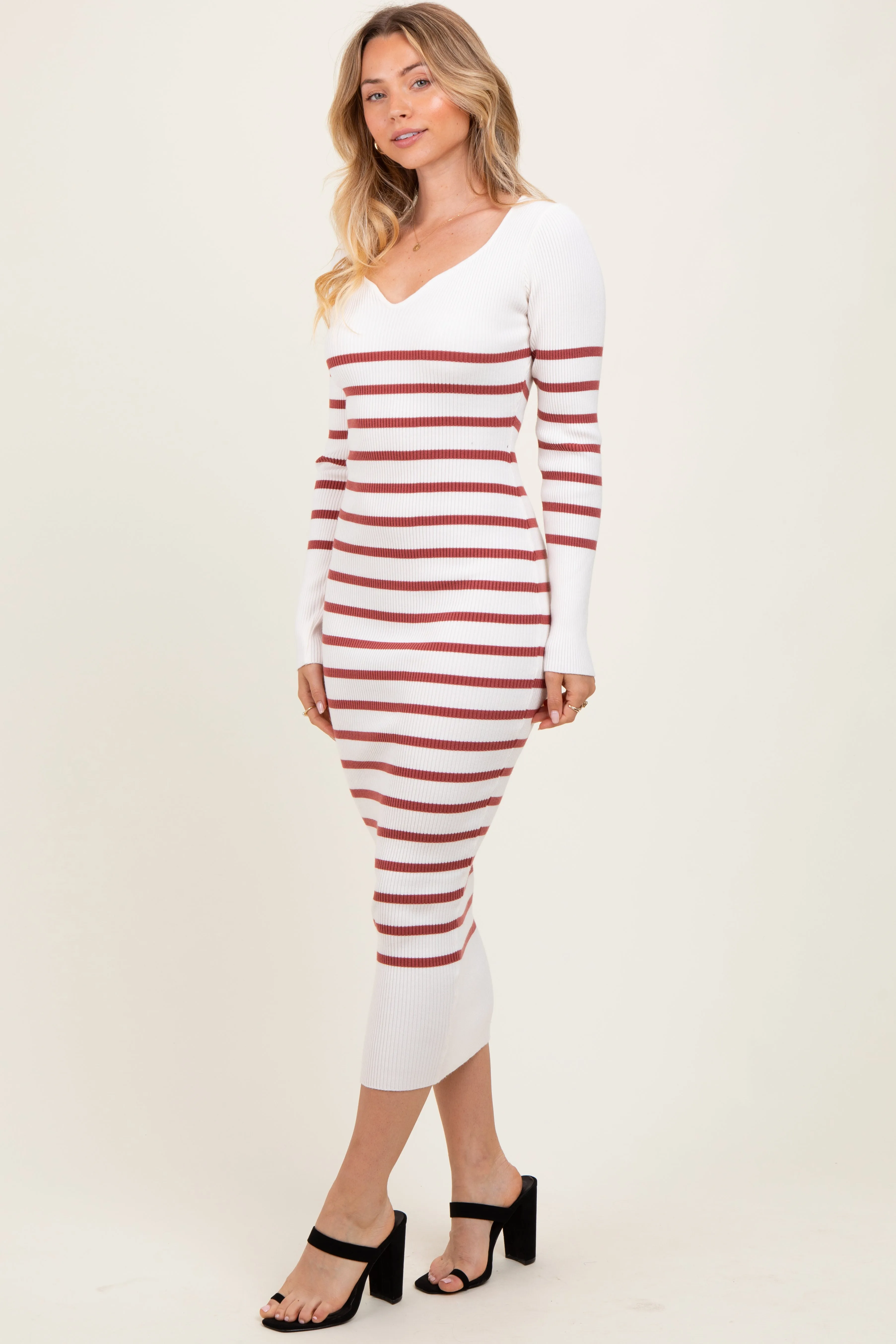 Mauve Ribbed Knit Striped Long Sleeve Sweater Dress sold by Pinkblush product image thumbnail 3