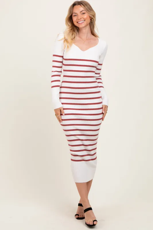 Mauve Ribbed Knit Striped Long Sleeve Sweater Dress sold by Pinkblush