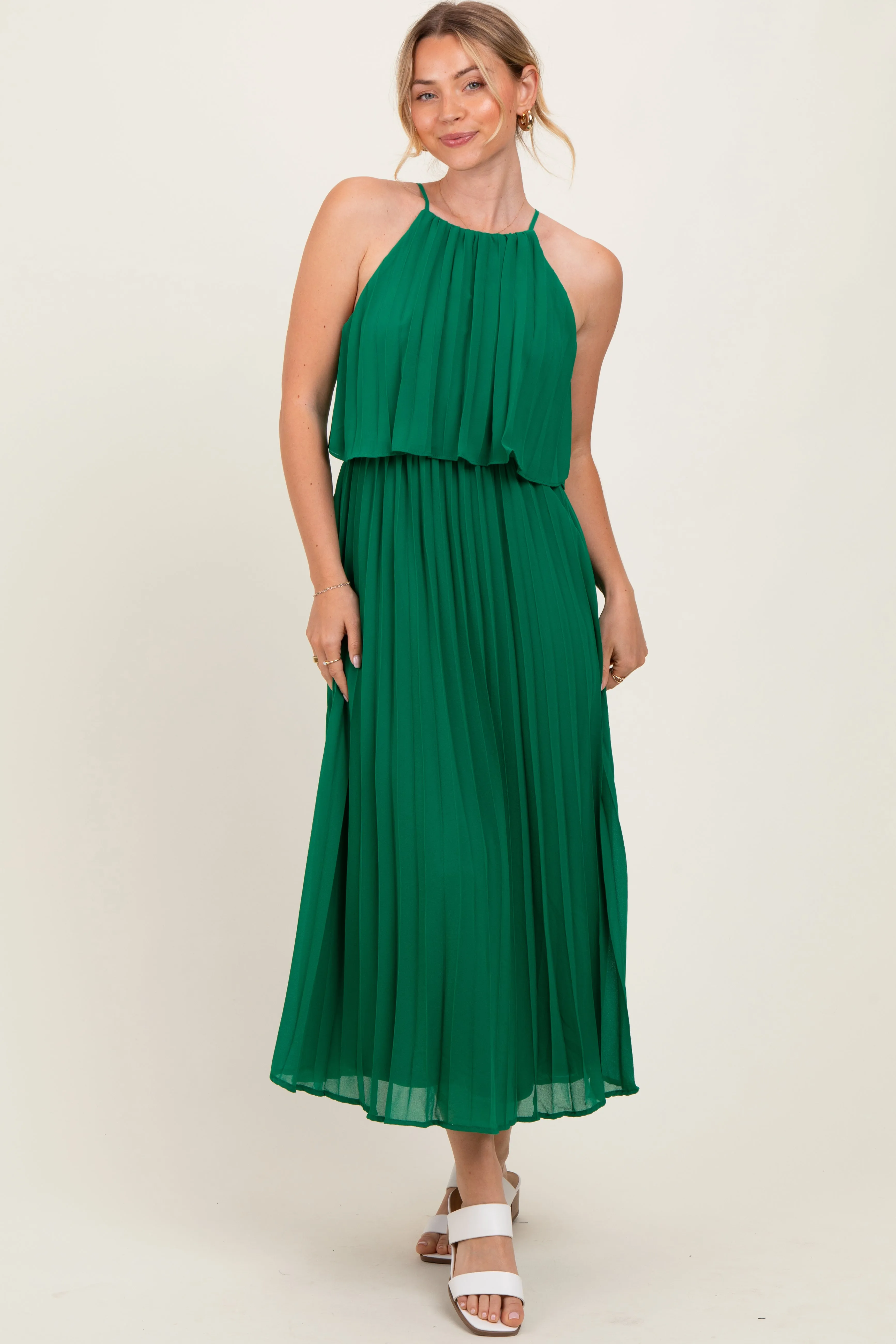 Green Pleated Woven Midi Dress sold by Pinkblush