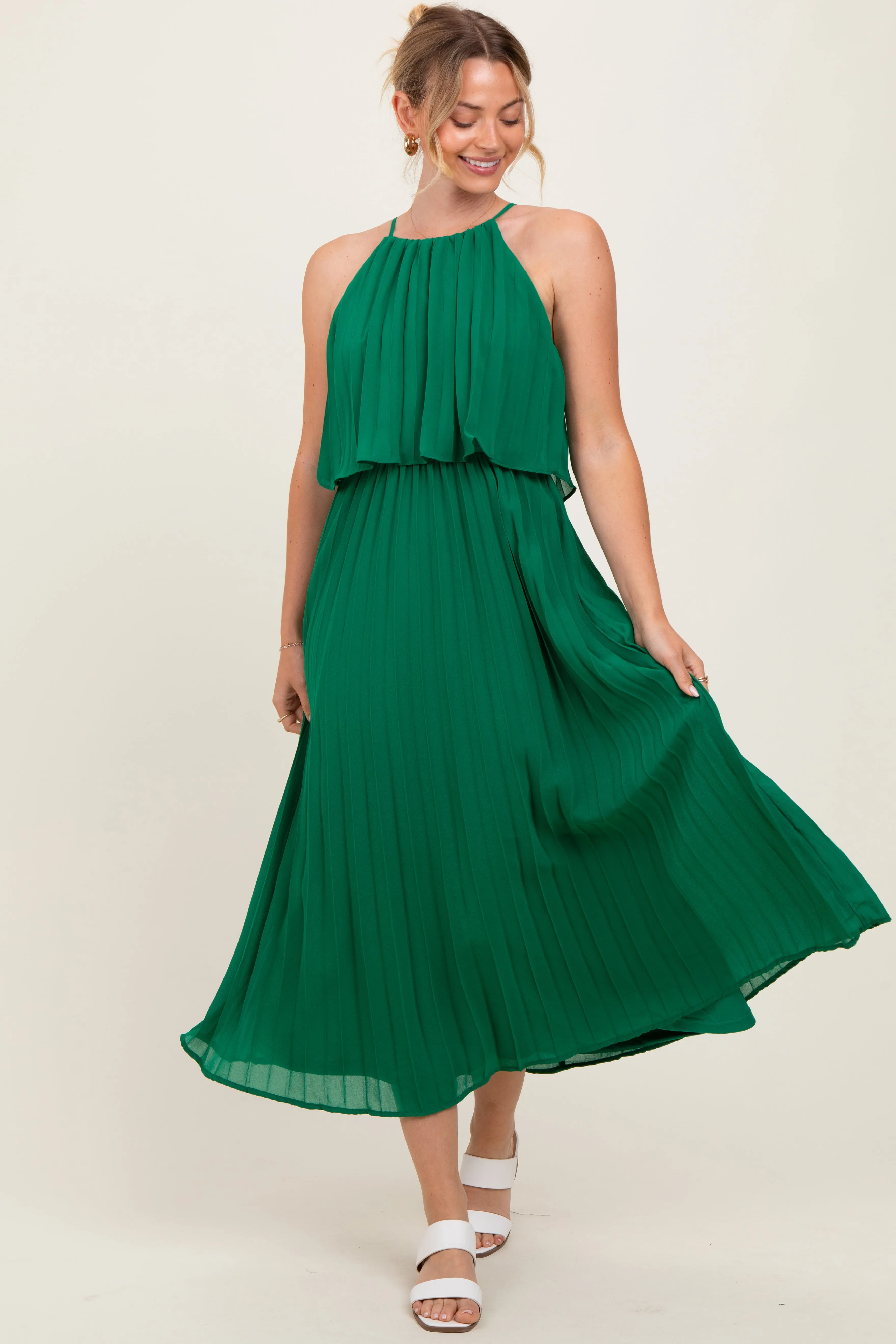 Green Pleated Woven Midi Dress sold by Pinkblush product image thumbnail 2