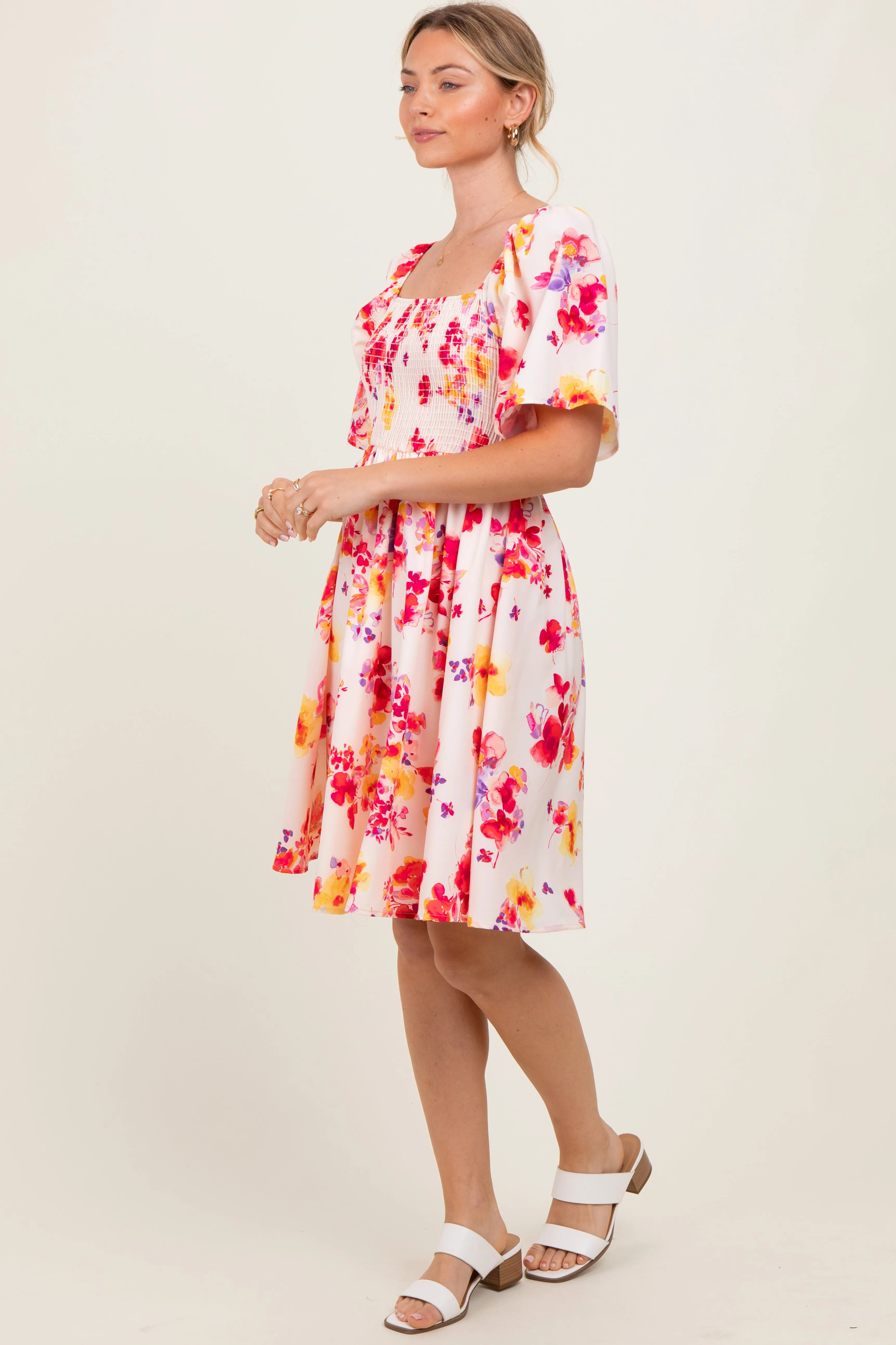 Cream/Red Floral Smocked Top Mini Dress sold by Pinkblush product image thumbnail 3