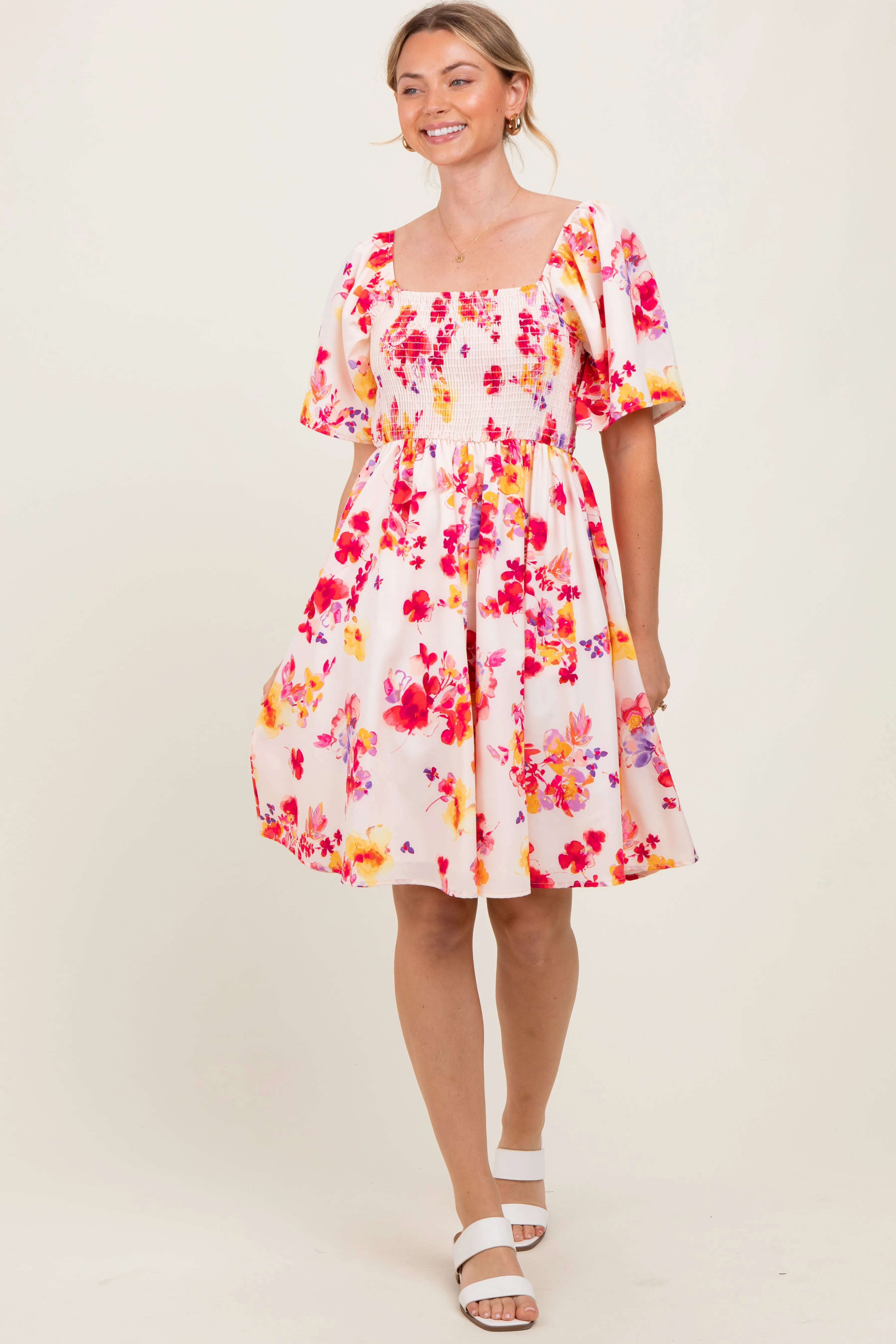 Cream/Red Floral Smocked Top Mini Dress sold by Pinkblush