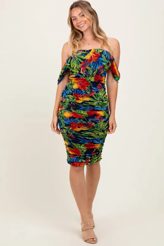 Black Tropical Mesh Ruched Off Shoulder Dress sold by Pinkblush