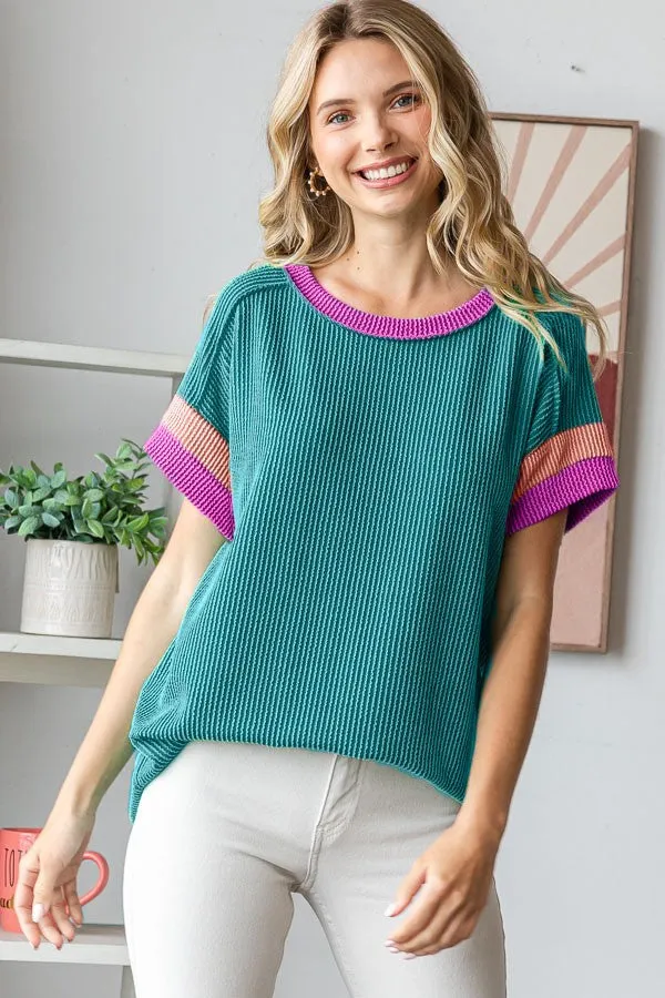 Teal Ribbed Colorblock Detail Maternity Short Sleeve Top sold by Pinkblush product image thumbnail 5