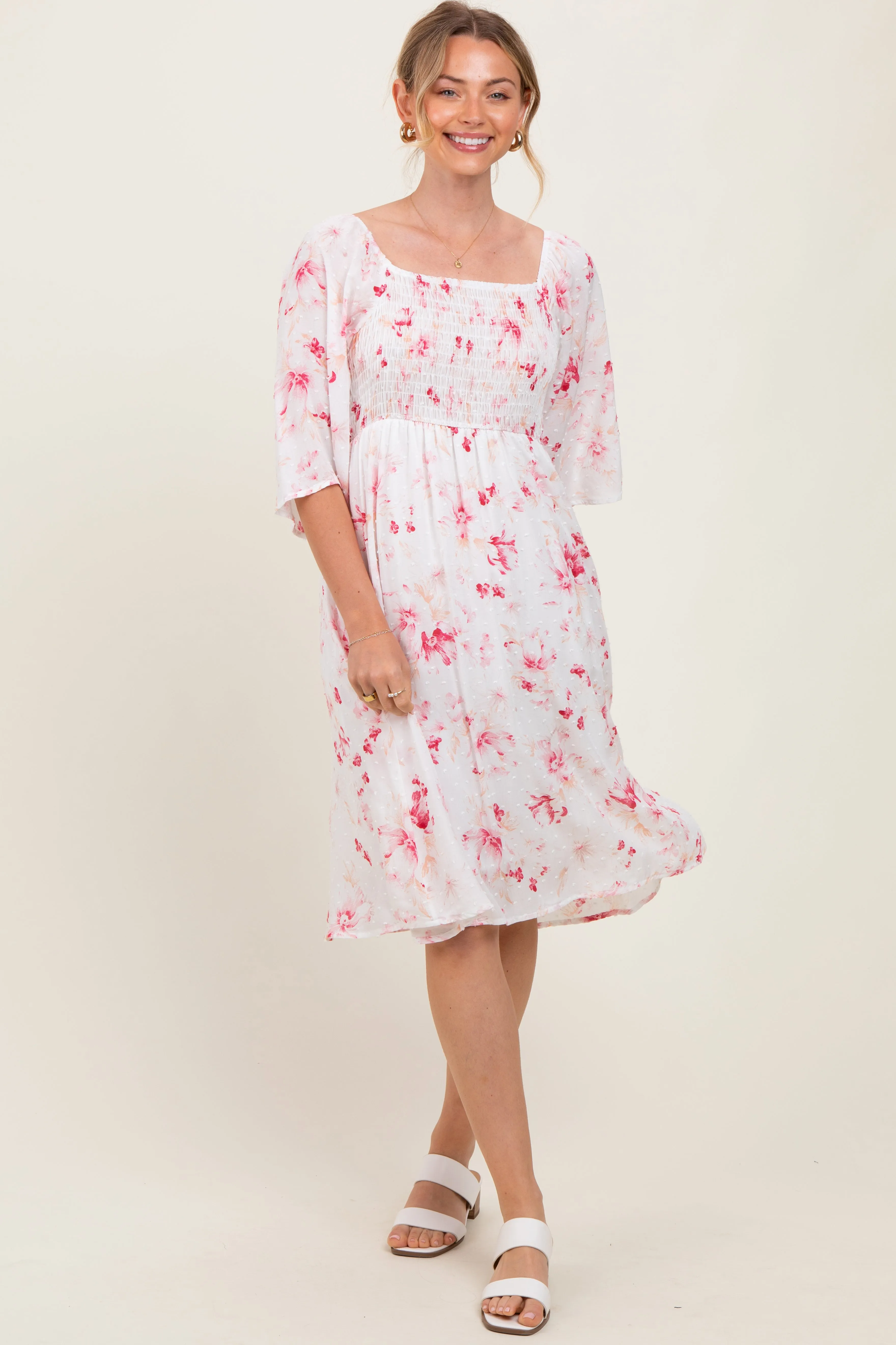 Pink Floral Smocked Midi Dress sold by Pinkblush