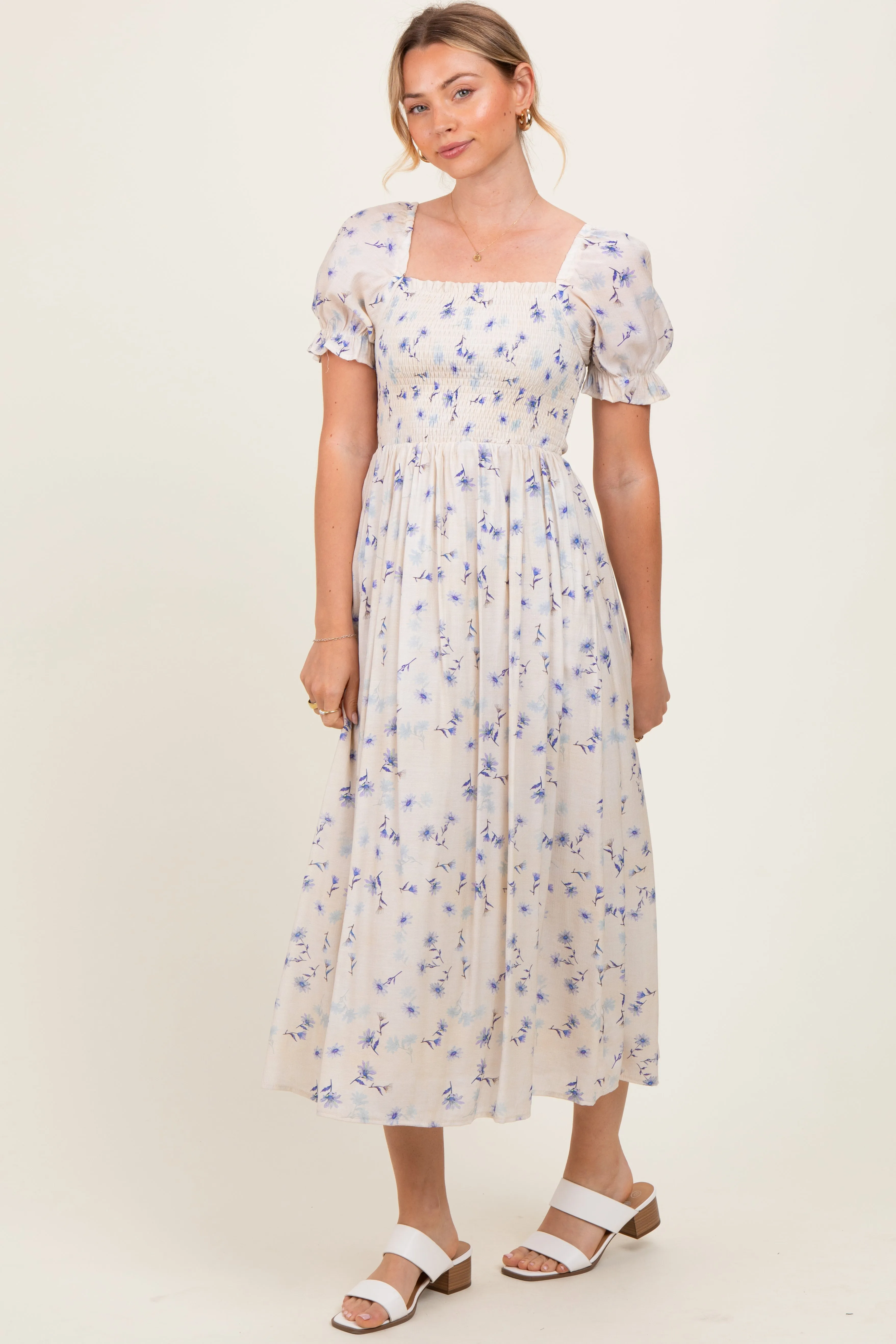 Blue Floral Printed Puff Sleeve Midi Dress sold by Pinkblush product image thumbnail 3