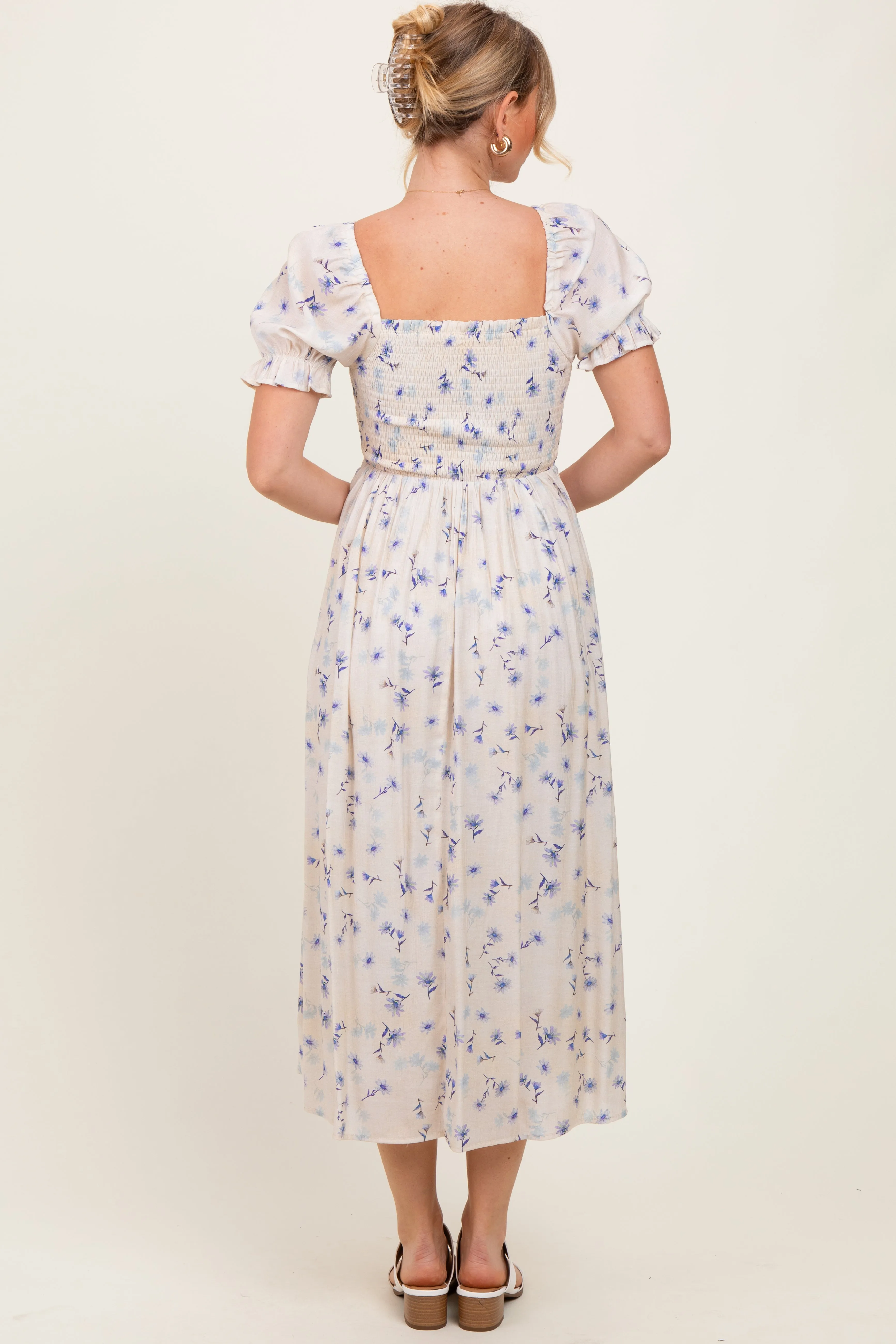Blue Floral Printed Puff Sleeve Midi Dress sold by Pinkblush product image thumbnail 4