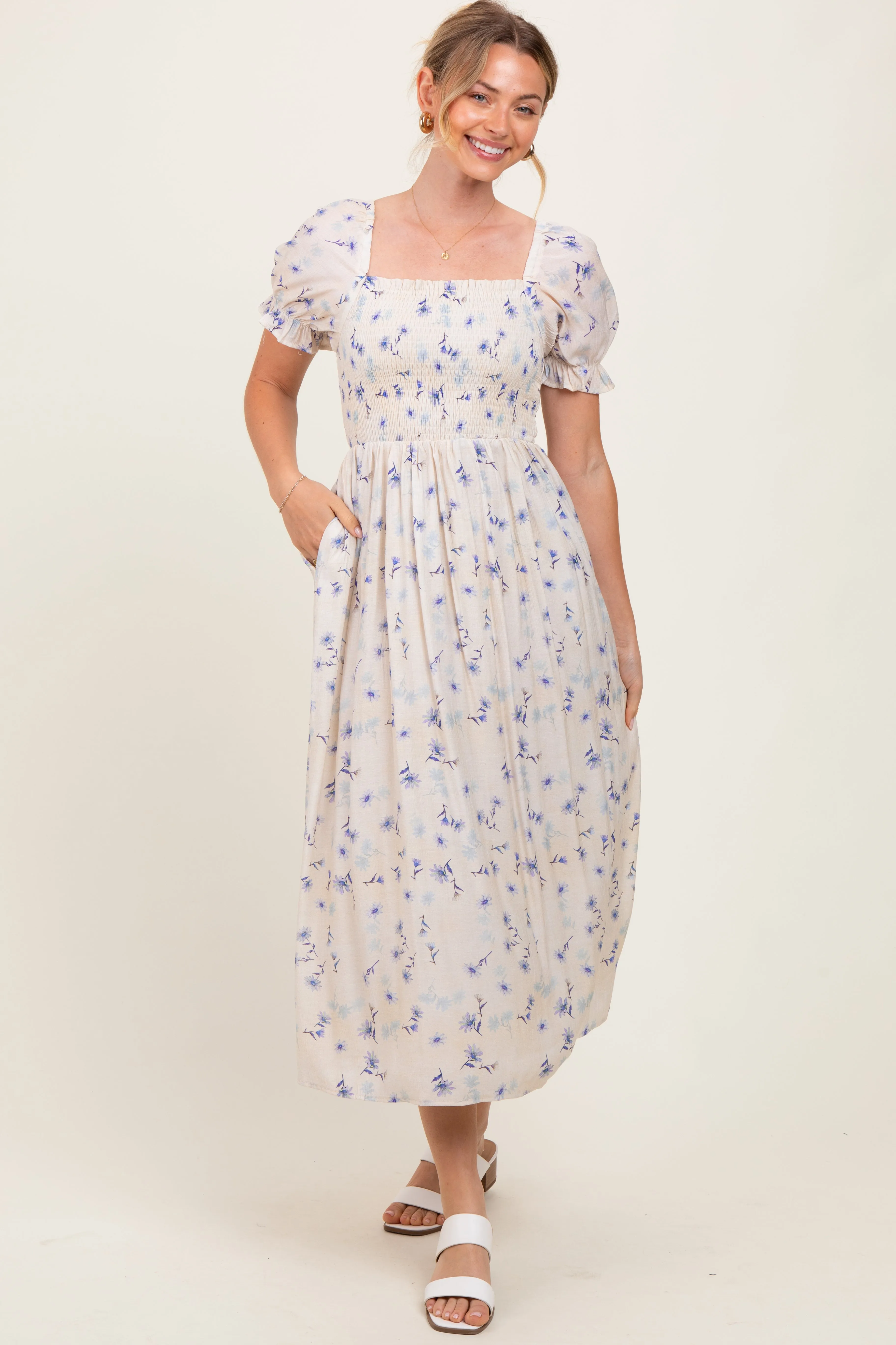Blue Floral Printed Puff Sleeve Midi Dress sold by Pinkblush