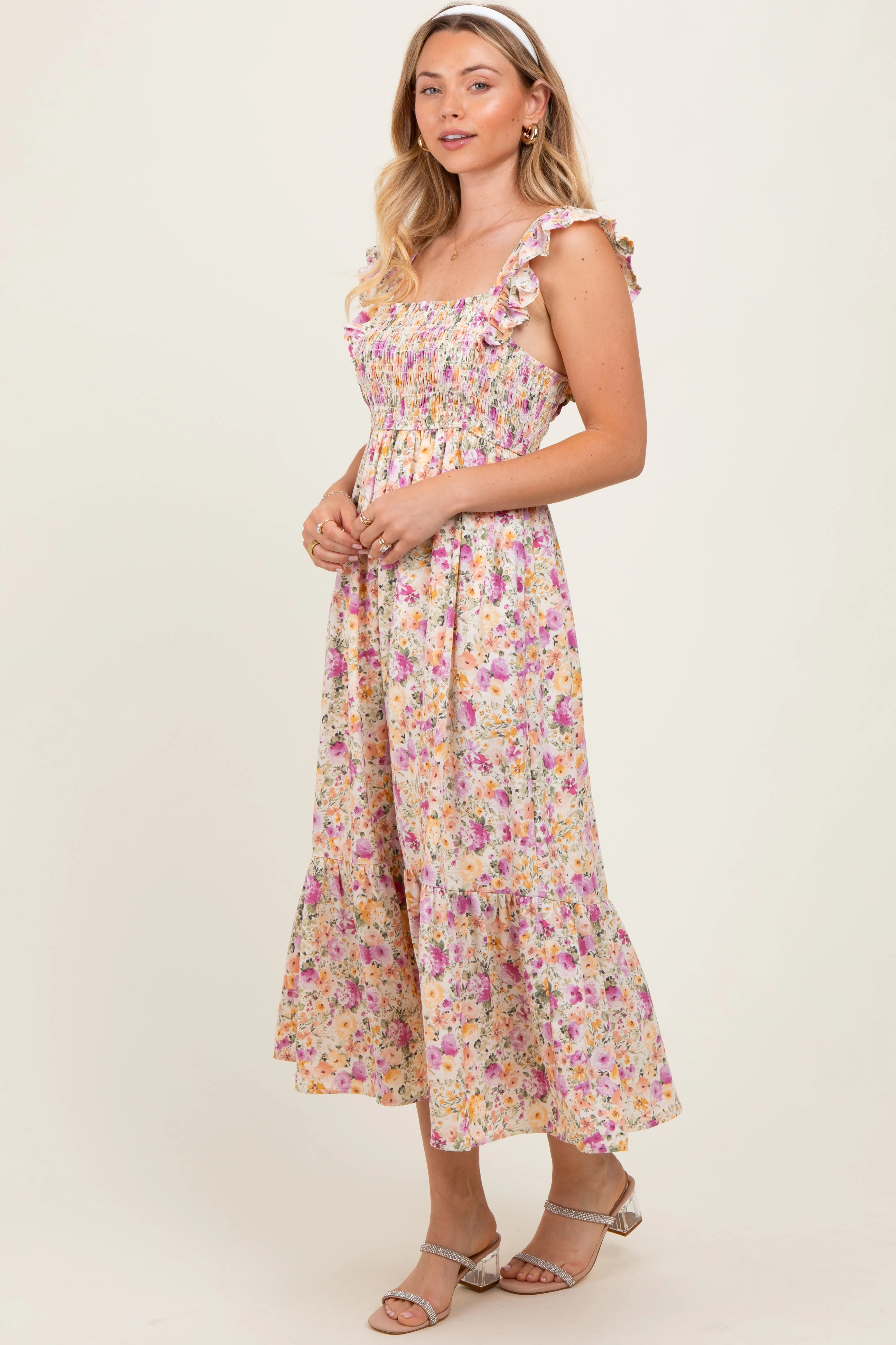Multi Color Floral Flutter Sleeve Smocked Midi Dress sold by Pinkblush product image thumbnail 3