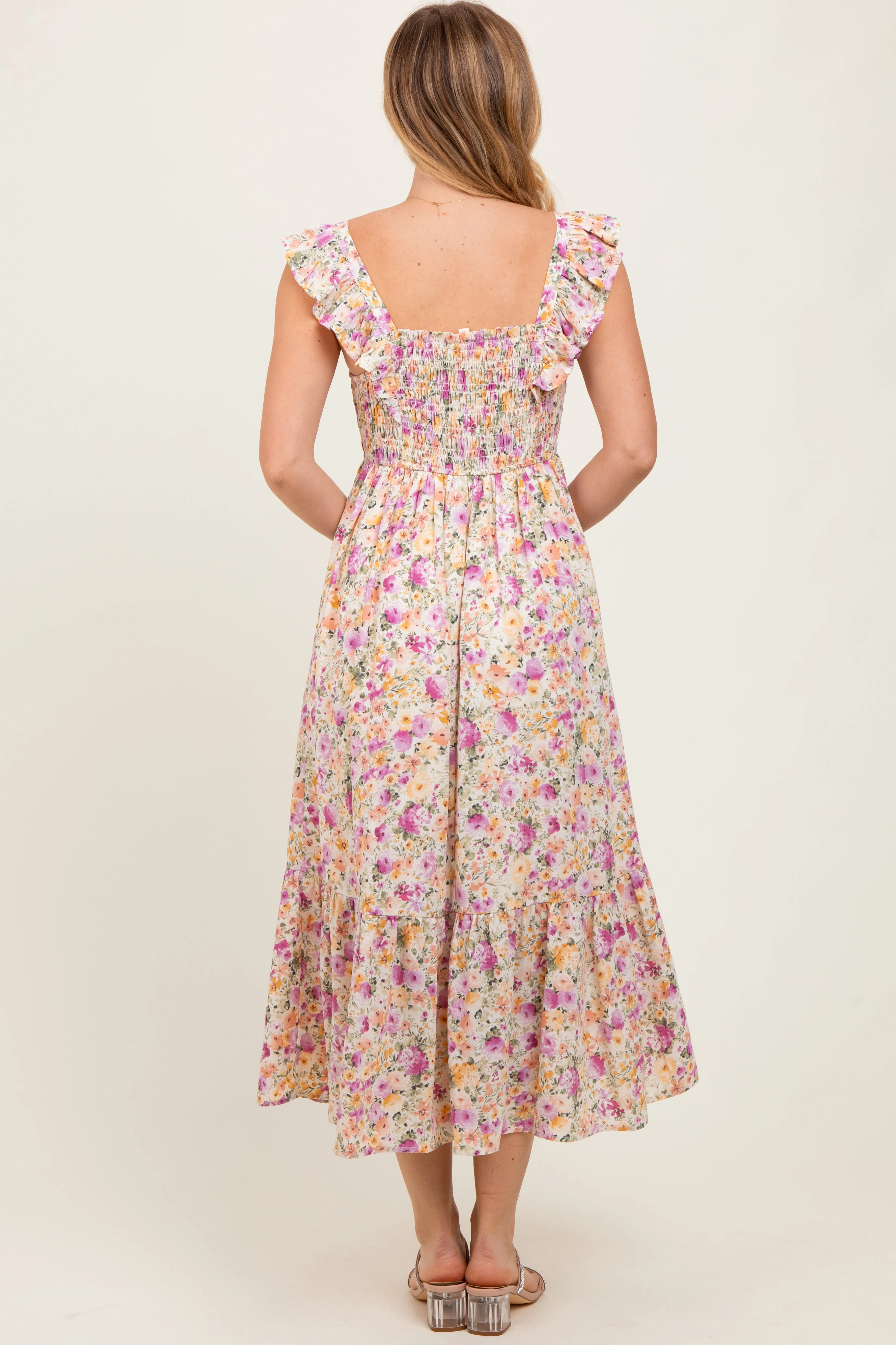 Multi Color Floral Flutter Sleeve Smocked Midi Dress sold by Pinkblush product image thumbnail 4