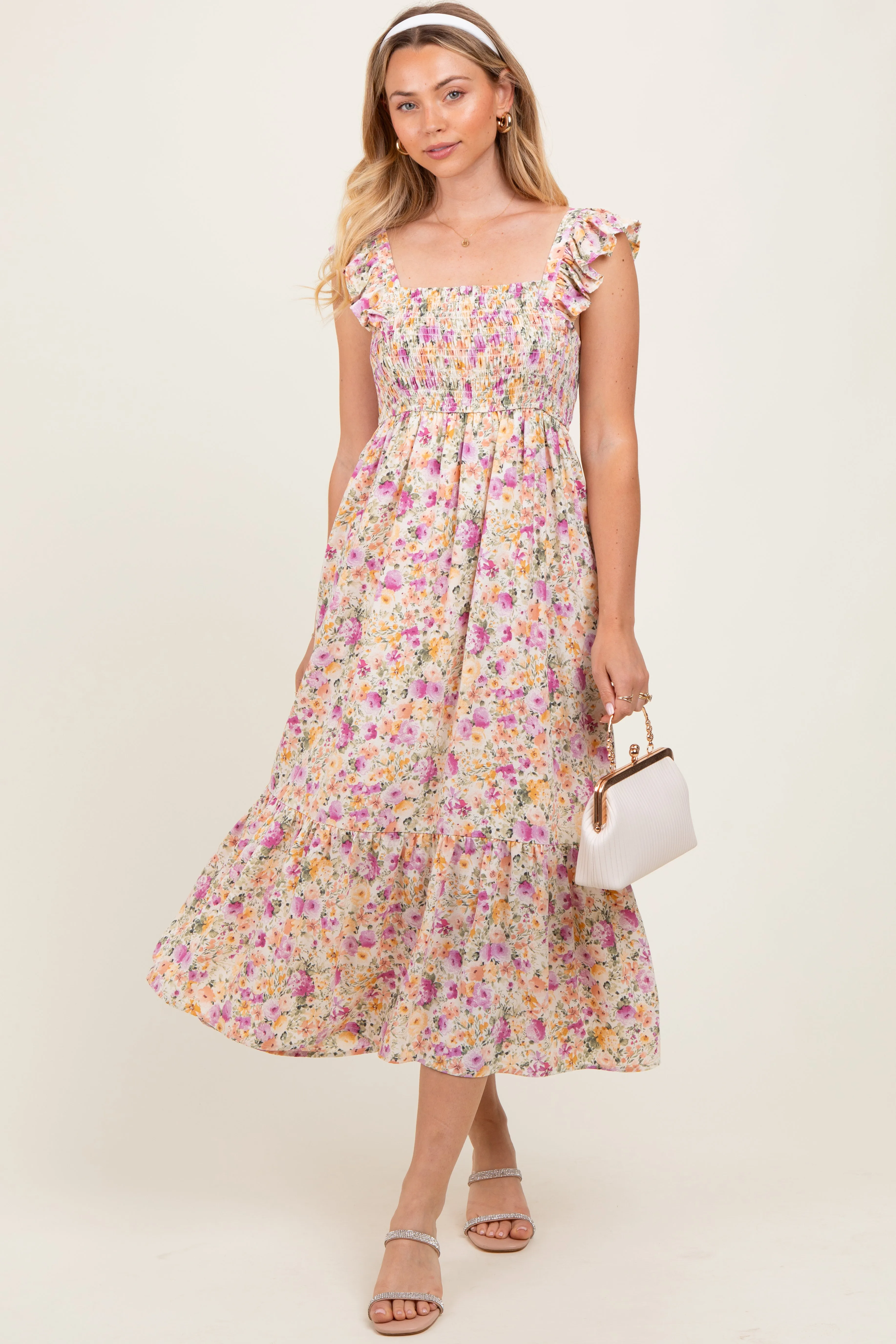 Multi Color Floral Flutter Sleeve Smocked Midi Dress sold by Pinkblush