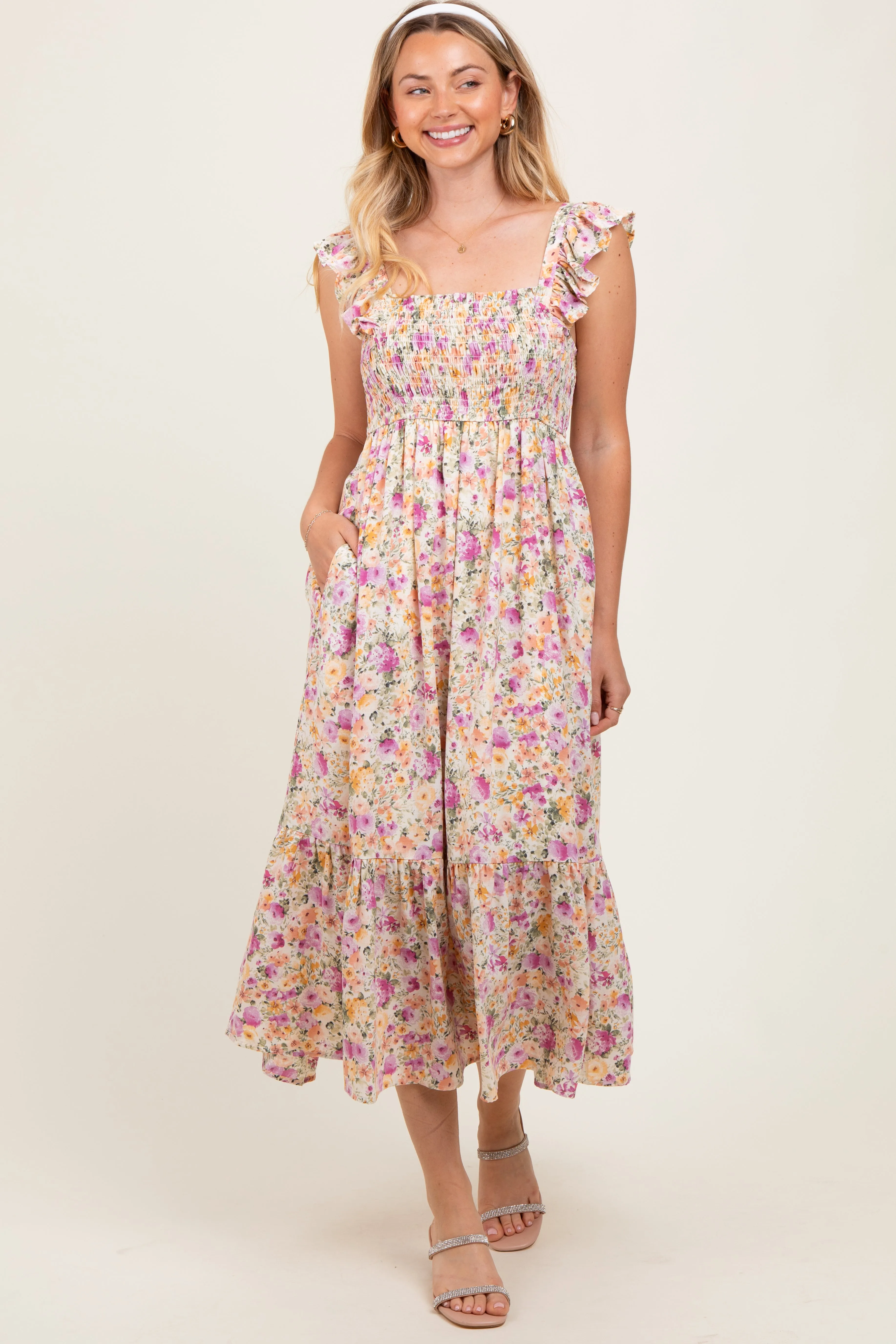 Multi Color Floral Flutter Sleeve Smocked Midi Dress sold by Pinkblush product image thumbnail 2