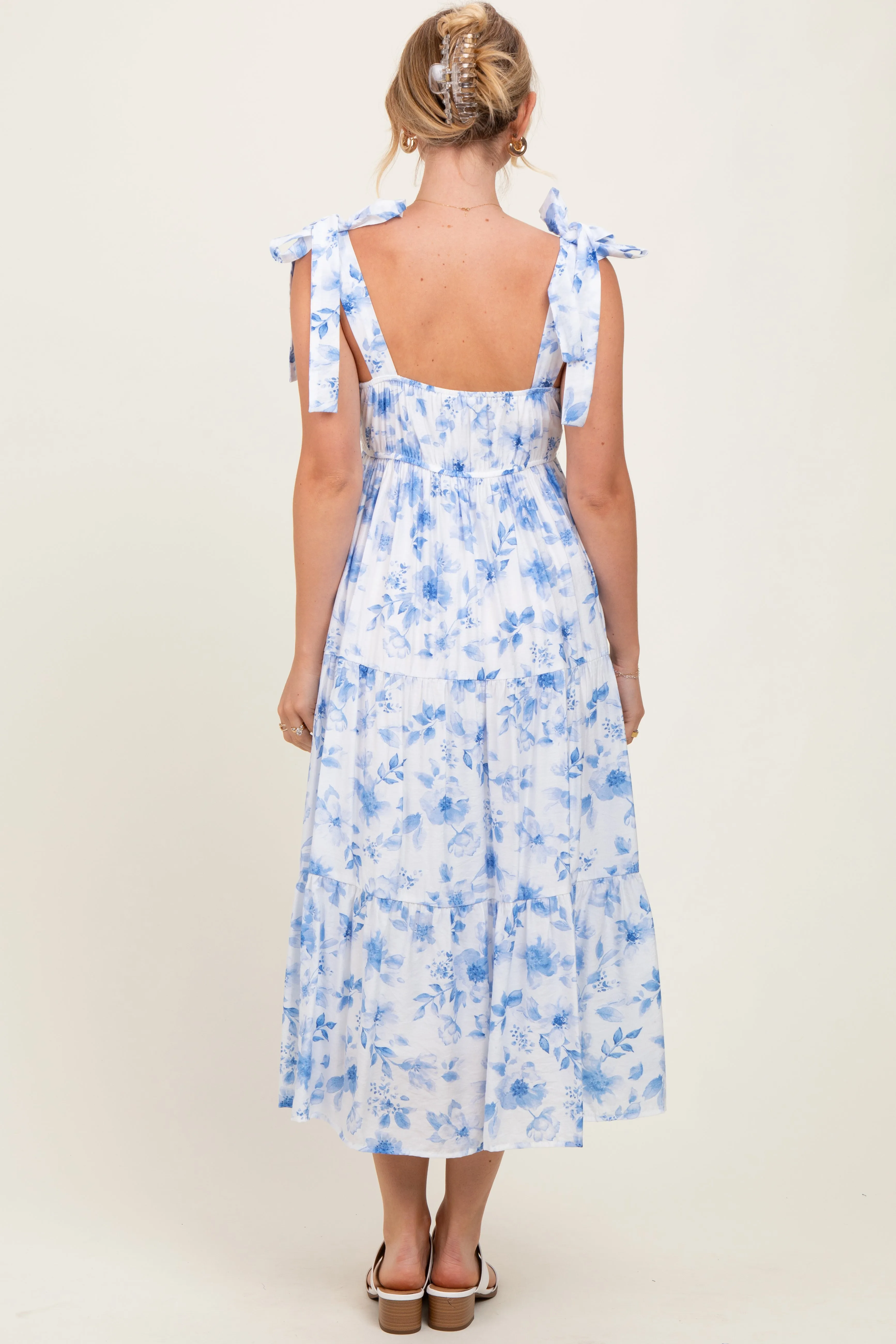 Blue Floral Shoulder Tie Tiered Midi Dress sold by Pinkblush product image thumbnail 4