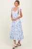Blue Floral Shoulder Tie Tiered Midi Dress sold by Pinkblush