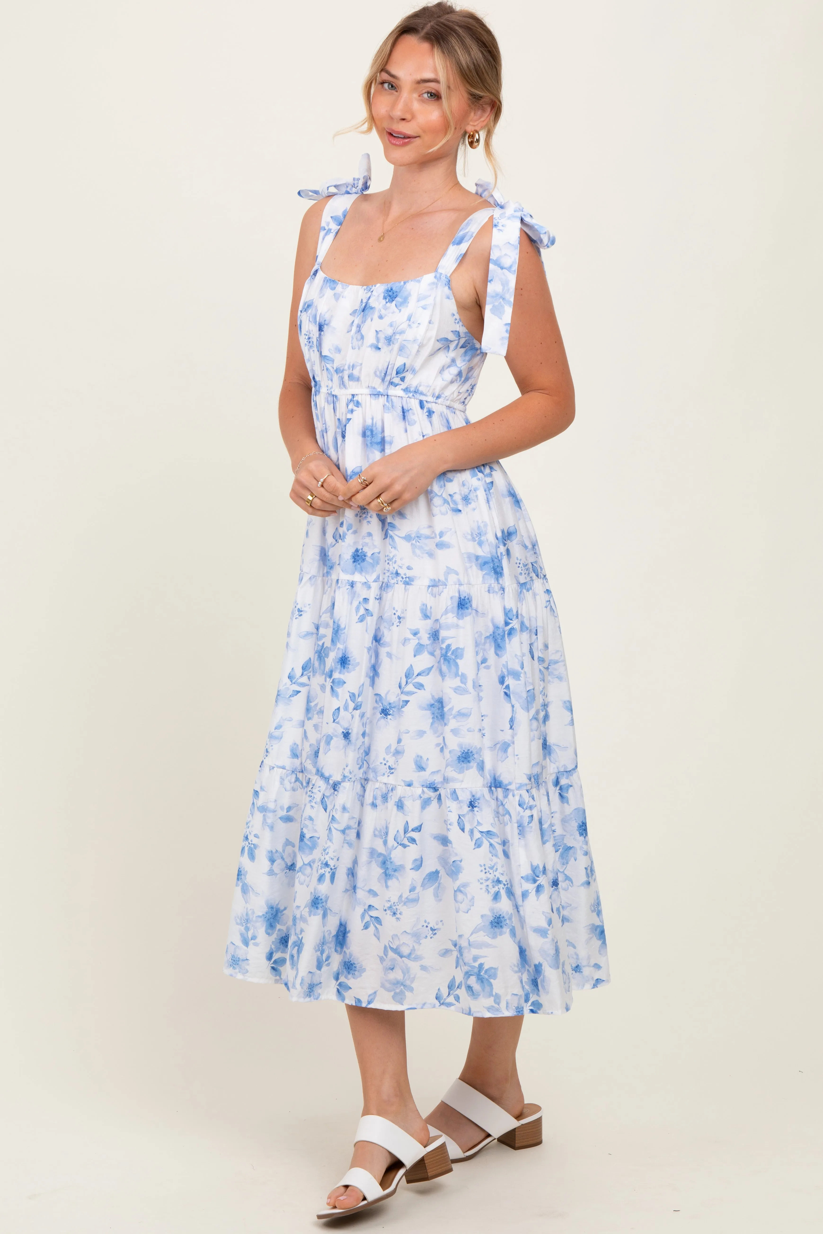 Blue Floral Shoulder Tie Tiered Midi Dress sold by Pinkblush product image thumbnail 3