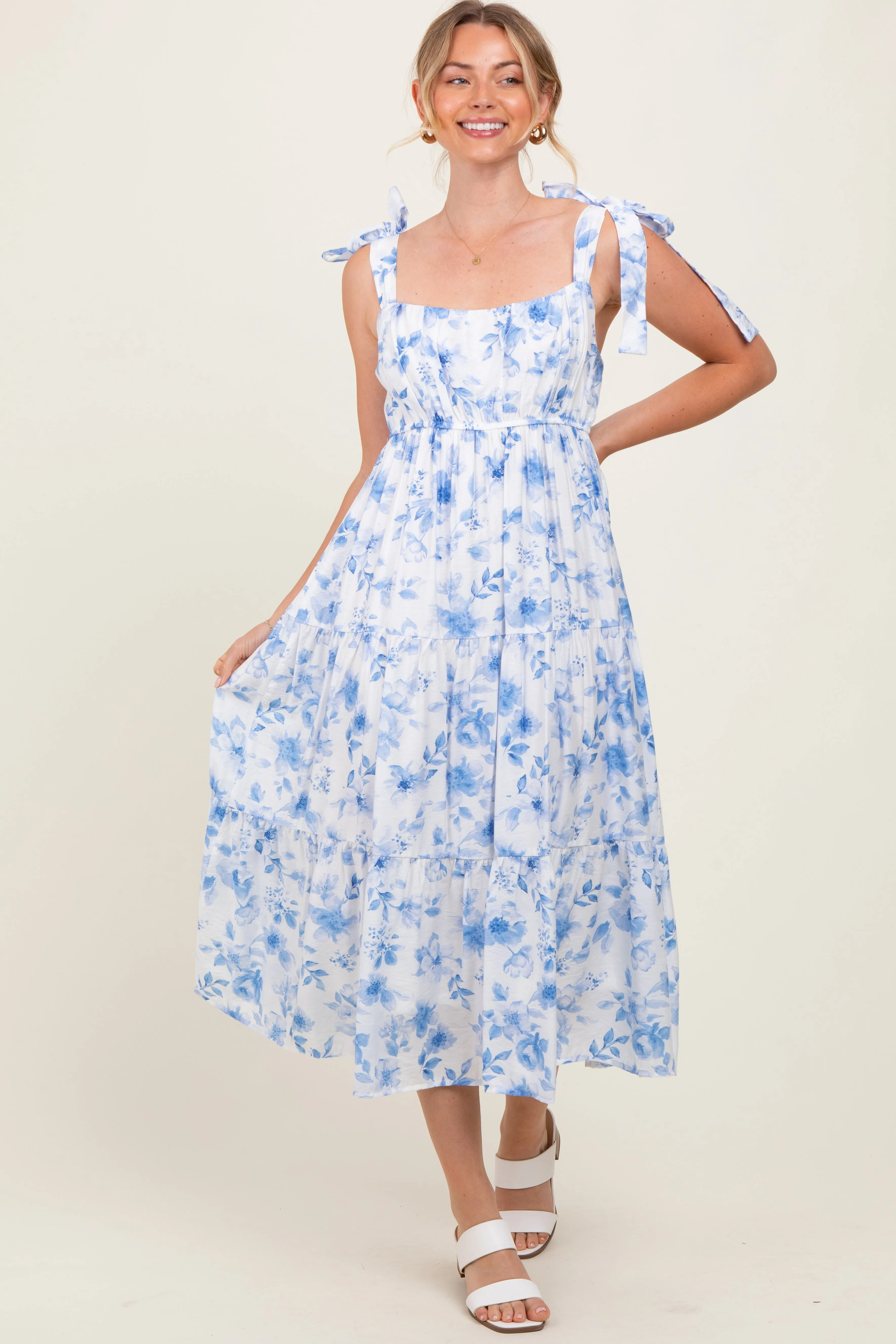 Blue Floral Shoulder Tie Tiered Midi Dress sold by Pinkblush