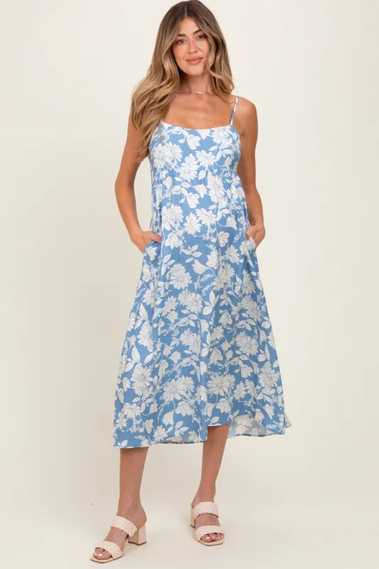 Blue Floral Sleeveless Maternity Midi Dress sold by Pinkblush