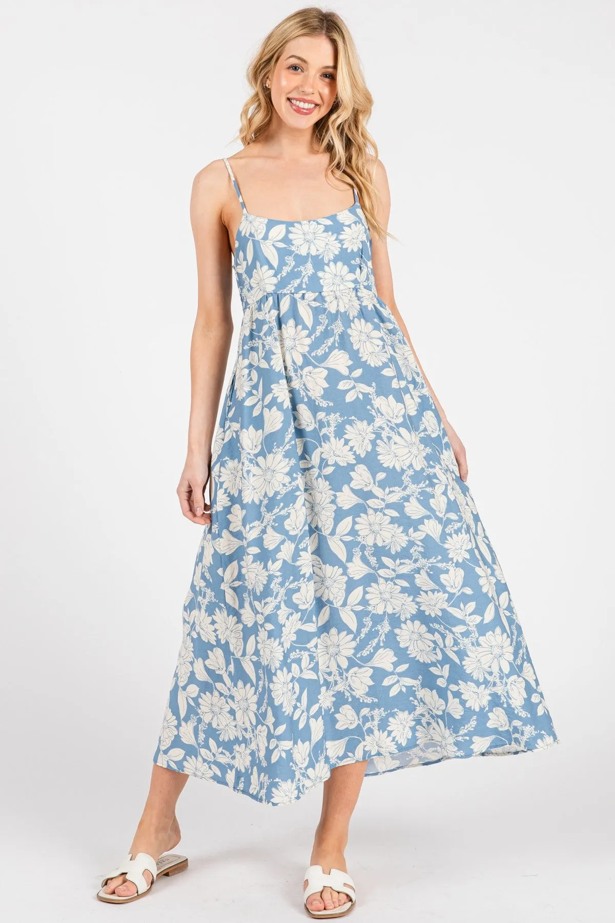 Blue Floral Sleeveless Maternity Midi Dress sold by Pinkblush product image thumbnail 5