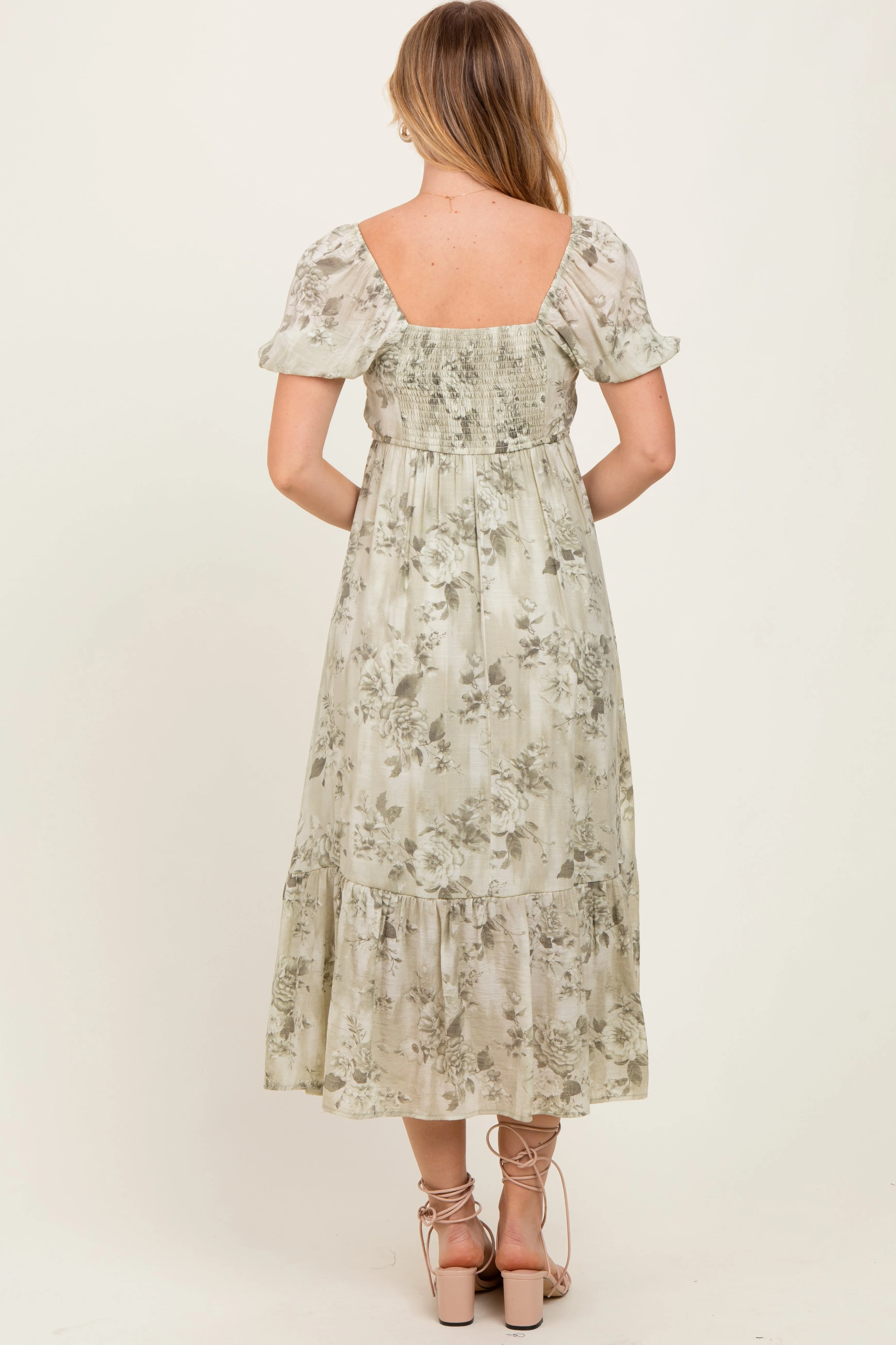 Olive Floral Pleated Bust Puff Sleeve Midi Dress sold by Pinkblush product image thumbnail 4