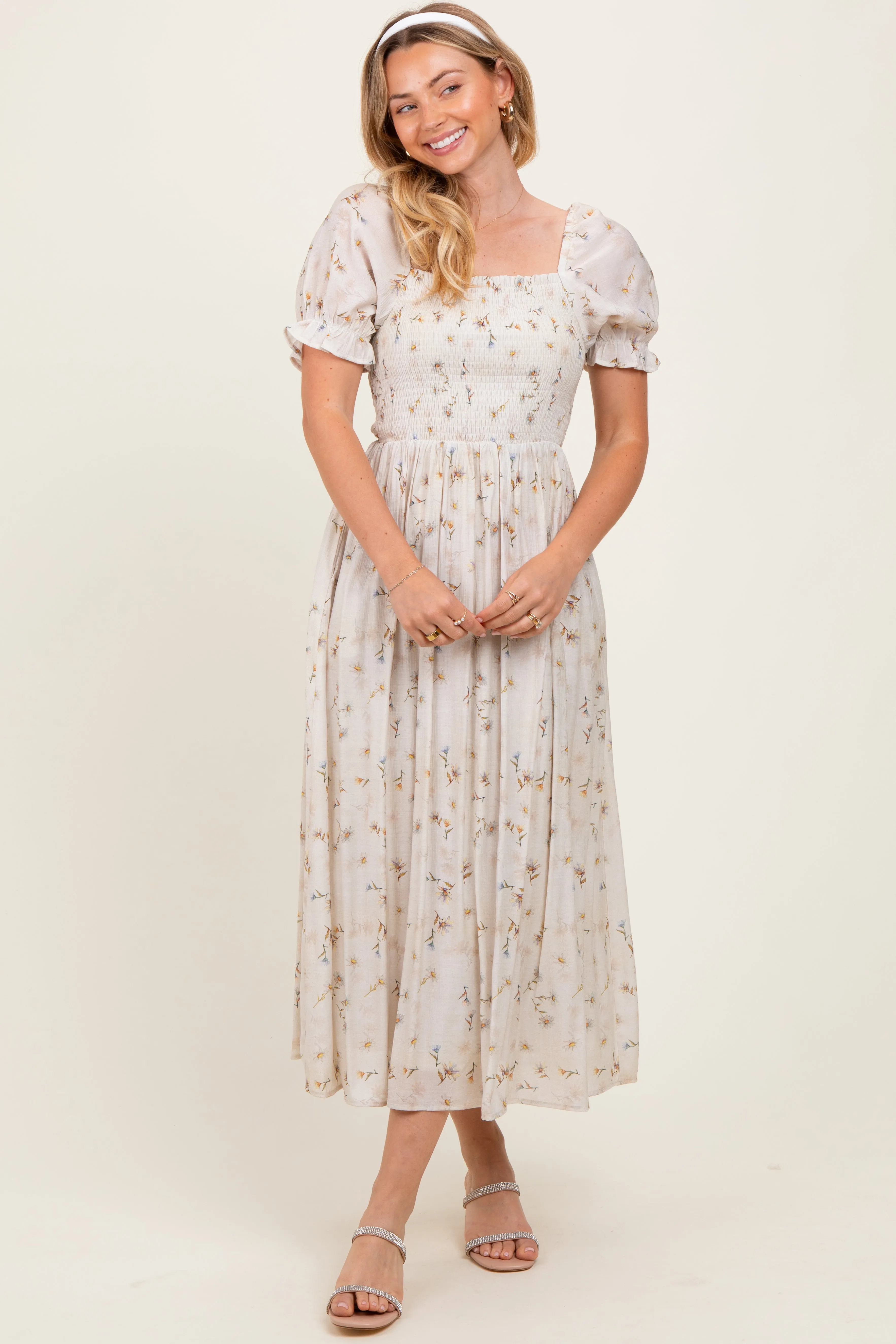 Yellow Floral Printed Puff Sleeve Midi Dress sold by Pinkblush product image thumbnail 2