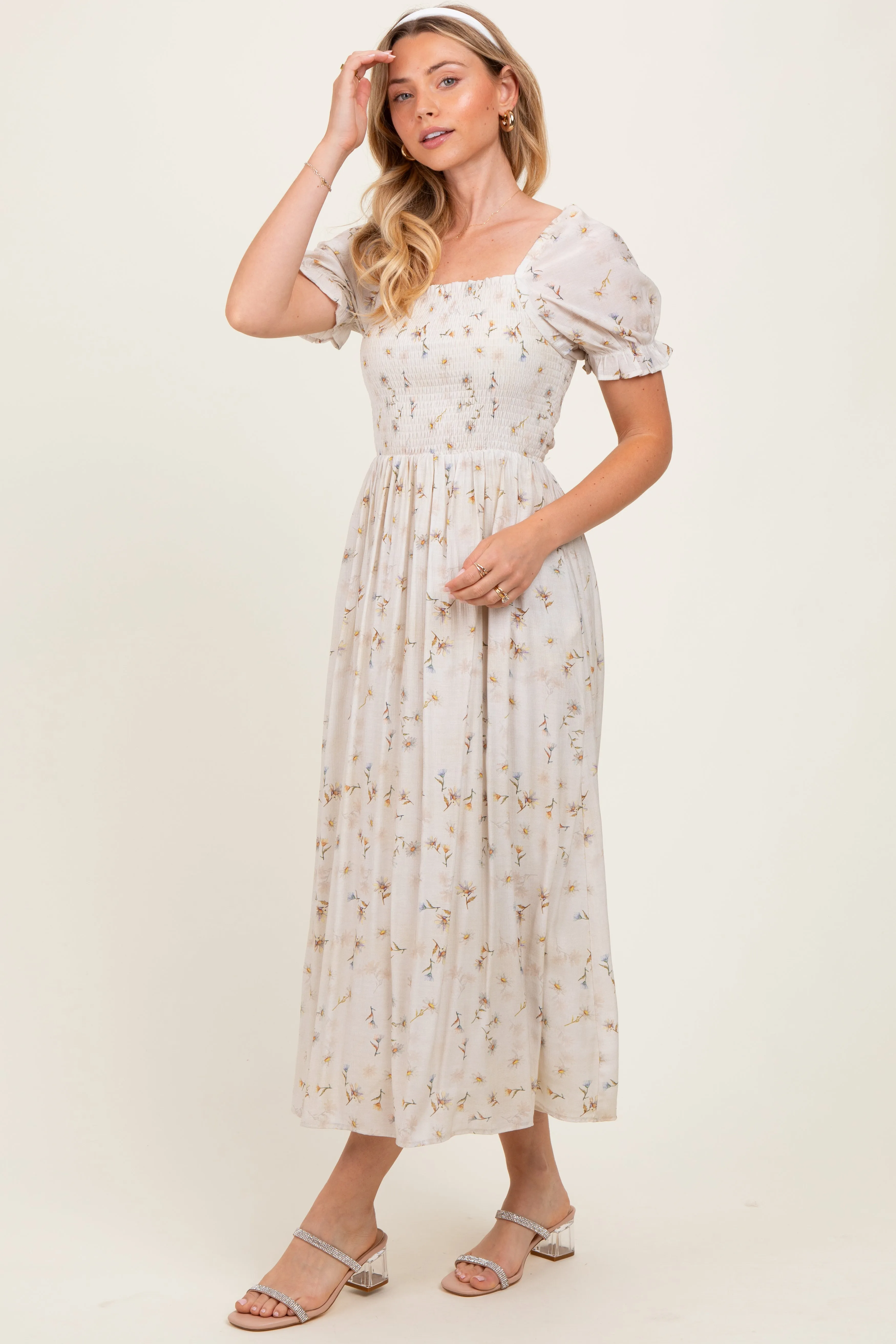 Yellow Floral Printed Puff Sleeve Midi Dress sold by Pinkblush product image thumbnail 3