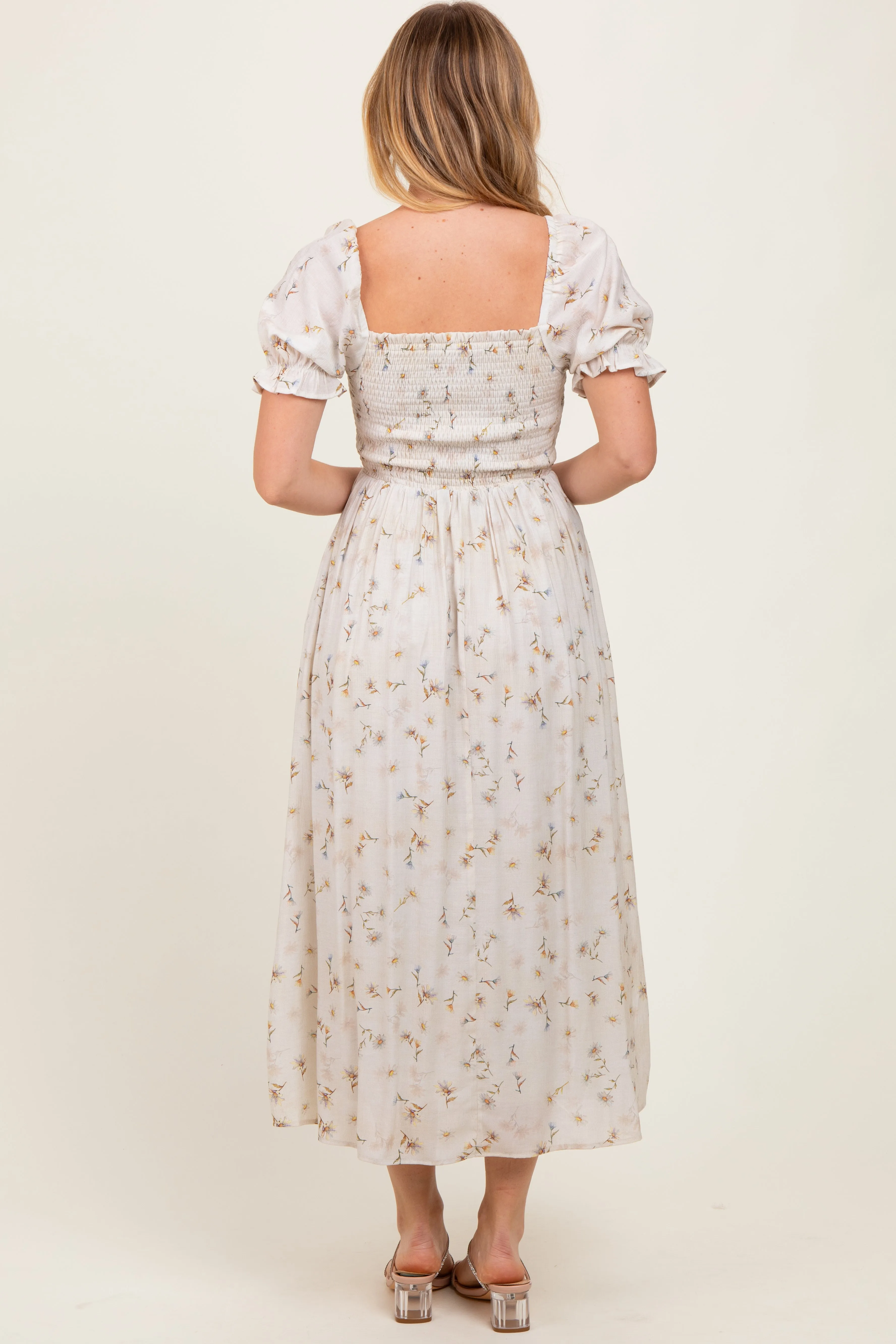 Yellow Floral Printed Puff Sleeve Midi Dress sold by Pinkblush product image thumbnail 4