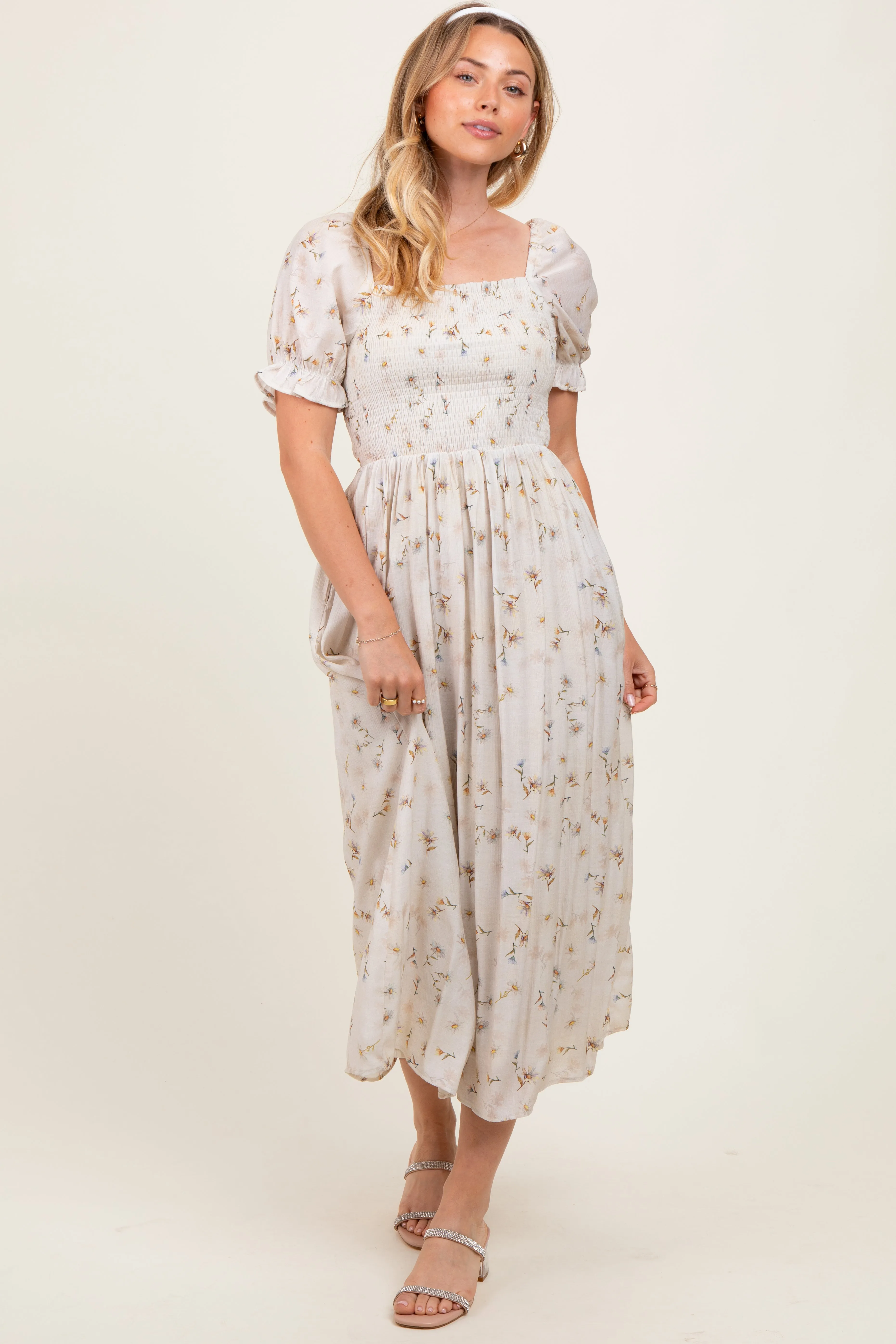 Yellow Floral Printed Puff Sleeve Midi Dress sold by Pinkblush