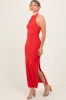Red Halter Low Back Ruched Midi Dress sold by Pinkblush