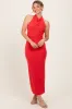Red Halter Low Back Ruched Midi Dress sold by Pinkblush