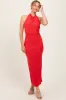 Red Halter Low Back Ruched Midi Dress sold by Pinkblush