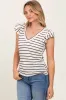 Ivory/Black Stripe Ribbed Ruffle Sleeve V-Neck Top sold by Pinkblush