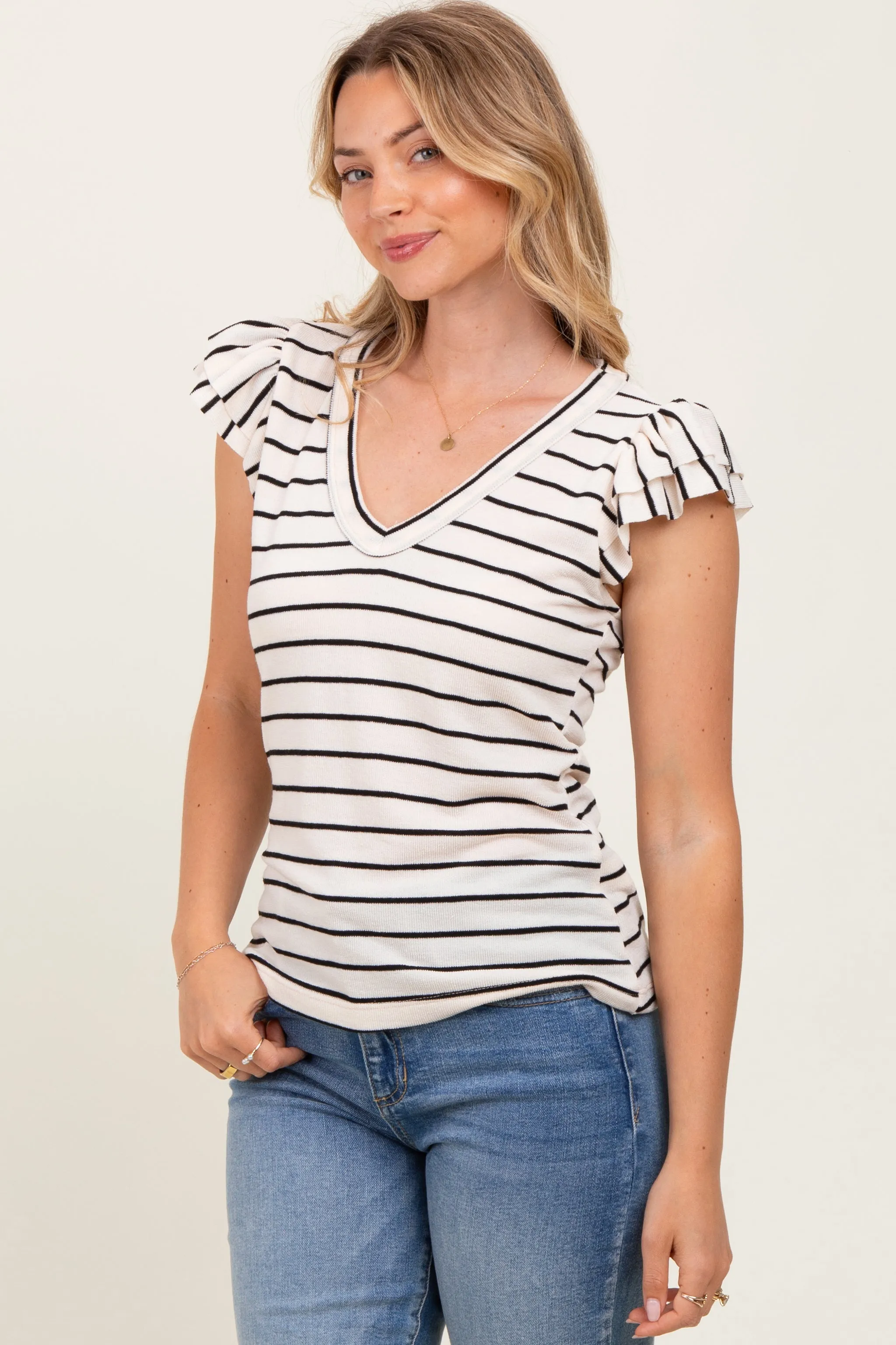 Ivory/Black Stripe Ribbed Ruffle Sleeve V-Neck Top sold by Pinkblush product image thumbnail 3