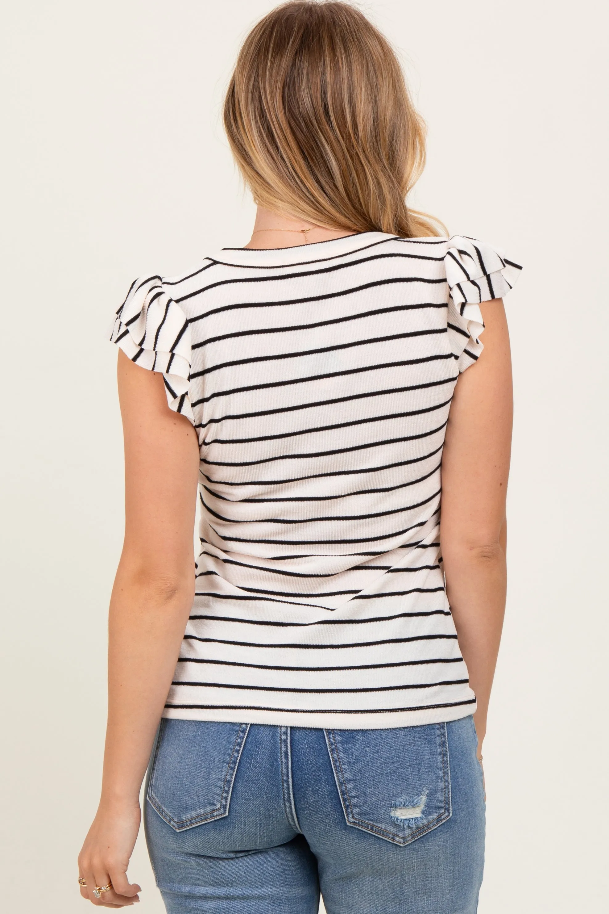 Ivory/Black Stripe Ribbed Ruffle Sleeve V-Neck Top sold by Pinkblush product image thumbnail 4