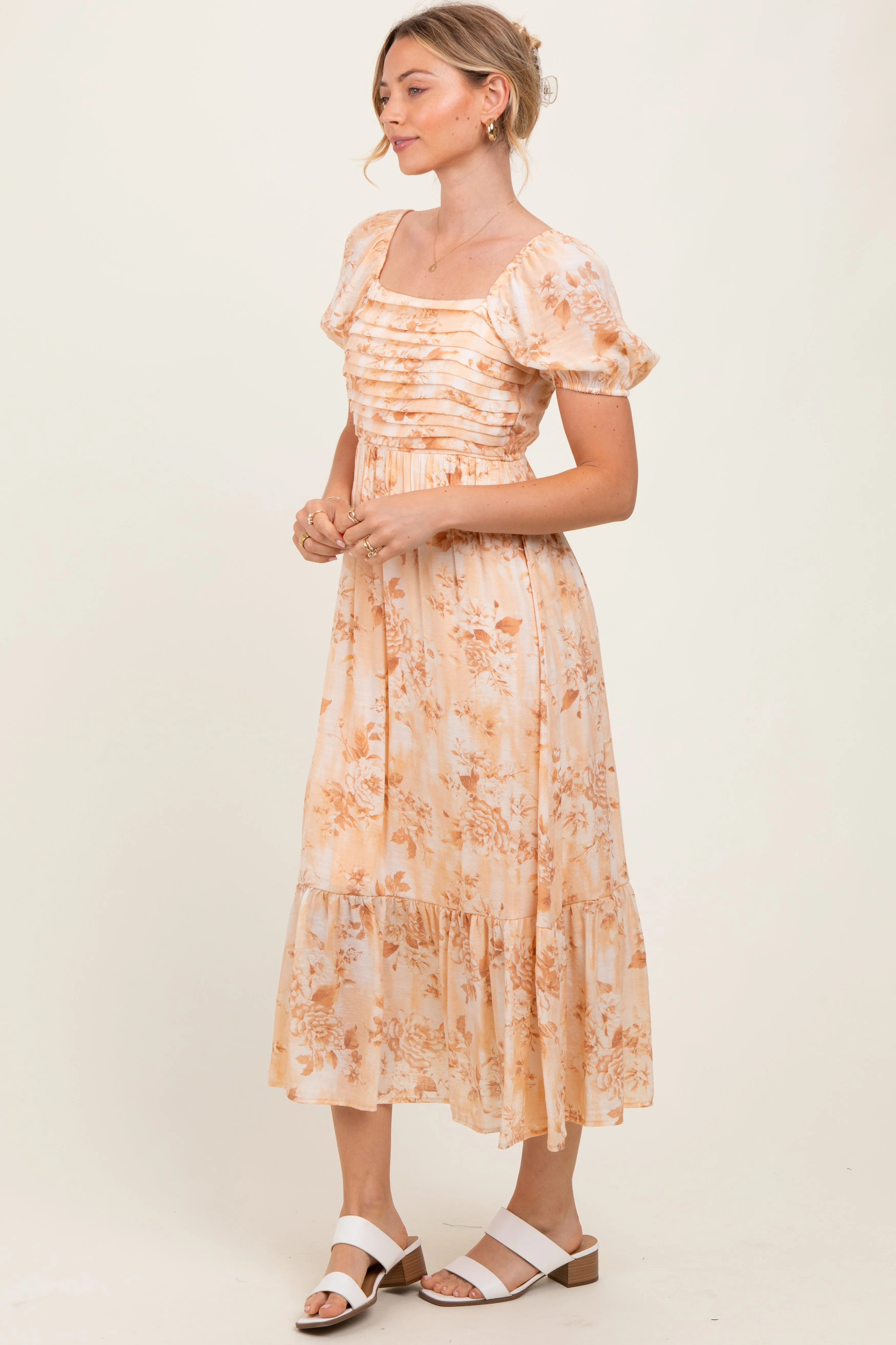 Peach Floral Pleated Bust Puff Sleeve Midi Dress sold by Pinkblush product image thumbnail 3