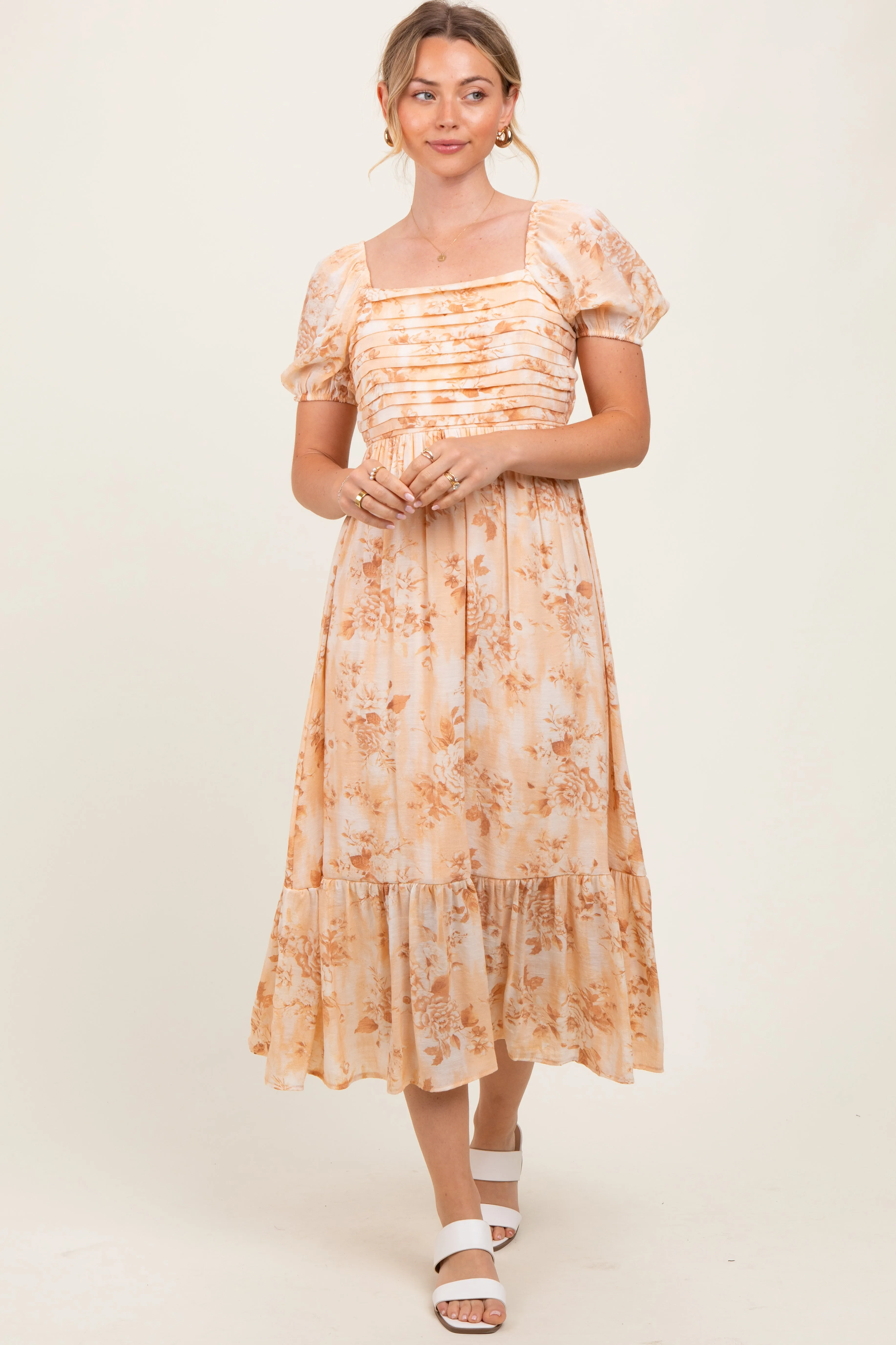 Peach Floral Pleated Bust Puff Sleeve Midi Dress sold by Pinkblush