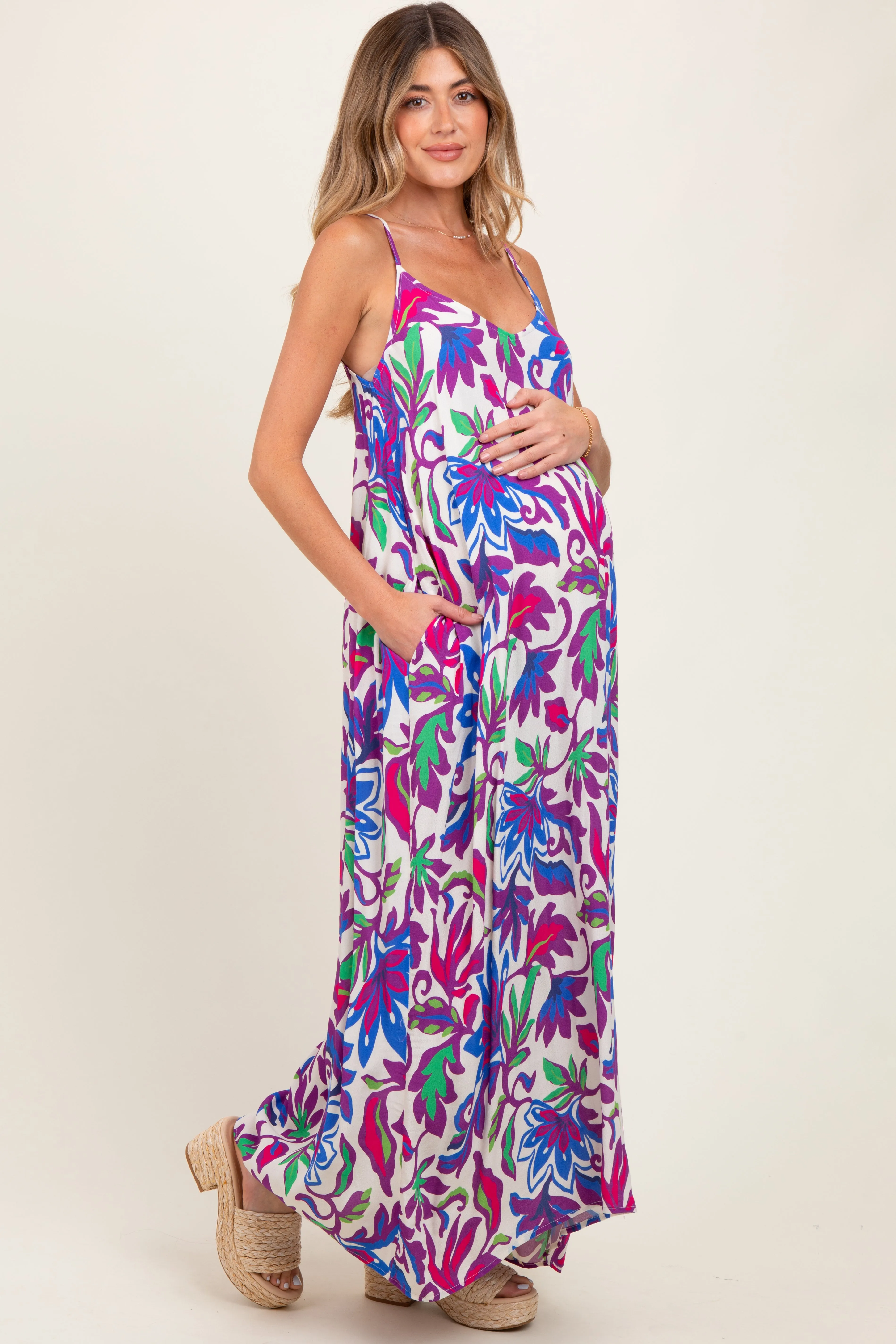 Purple Leaf Print Sleeveless Maternity Maxi Dress sold by Pinkblush product image thumbnail 3