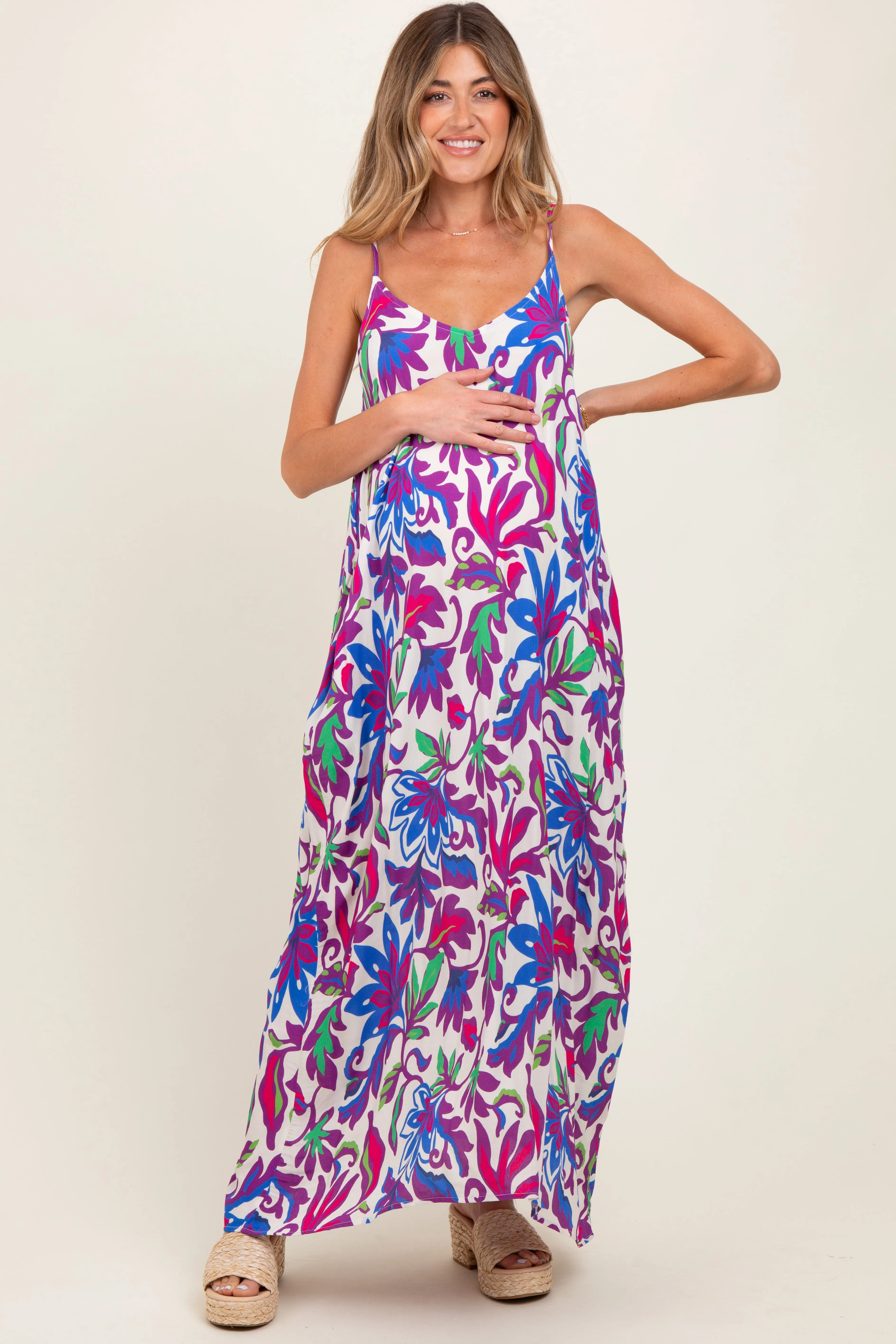 Purple Leaf Print Sleeveless Maternity Maxi Dress sold by Pinkblush