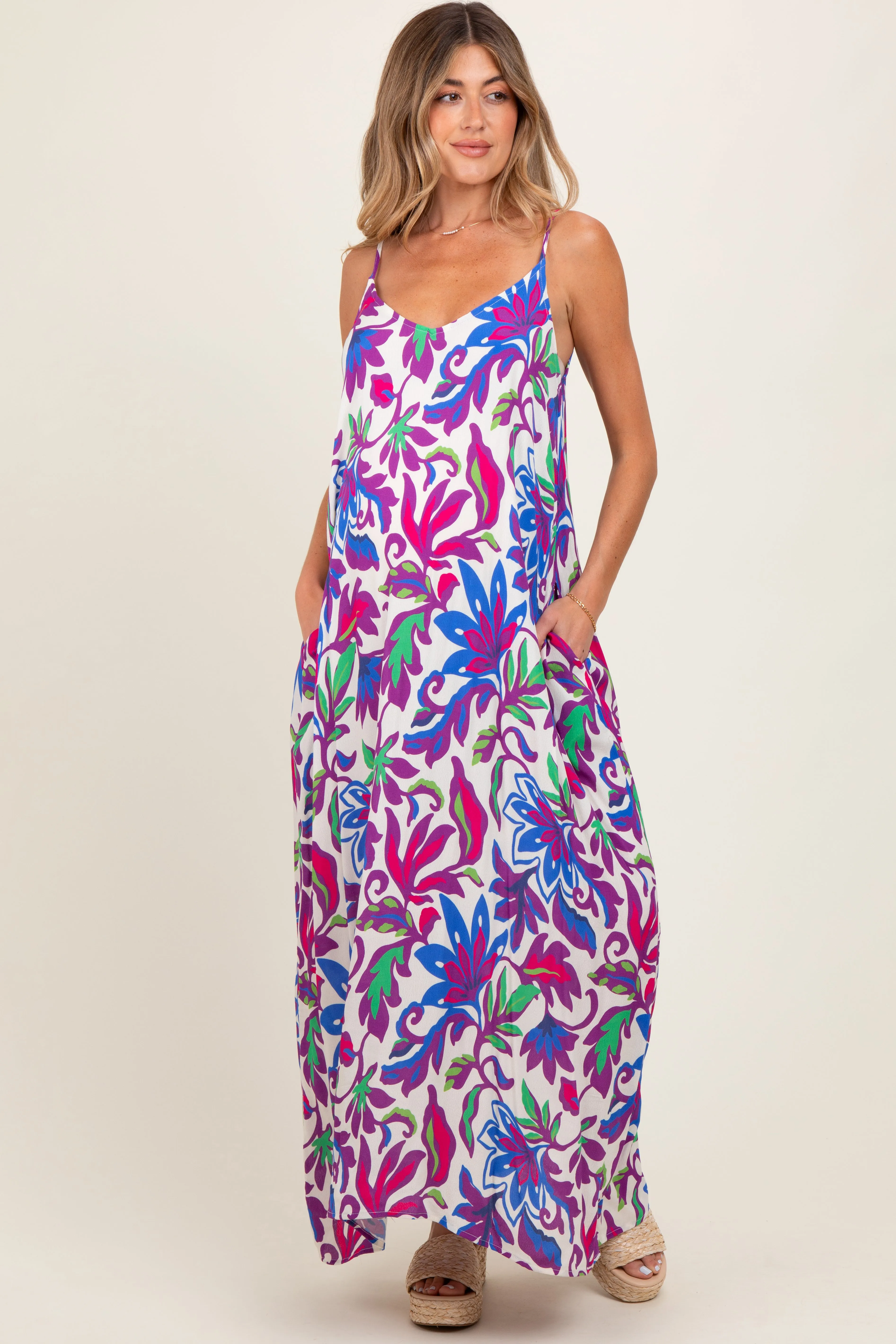 Purple Leaf Print Sleeveless Maternity Maxi Dress sold by Pinkblush product image thumbnail 2