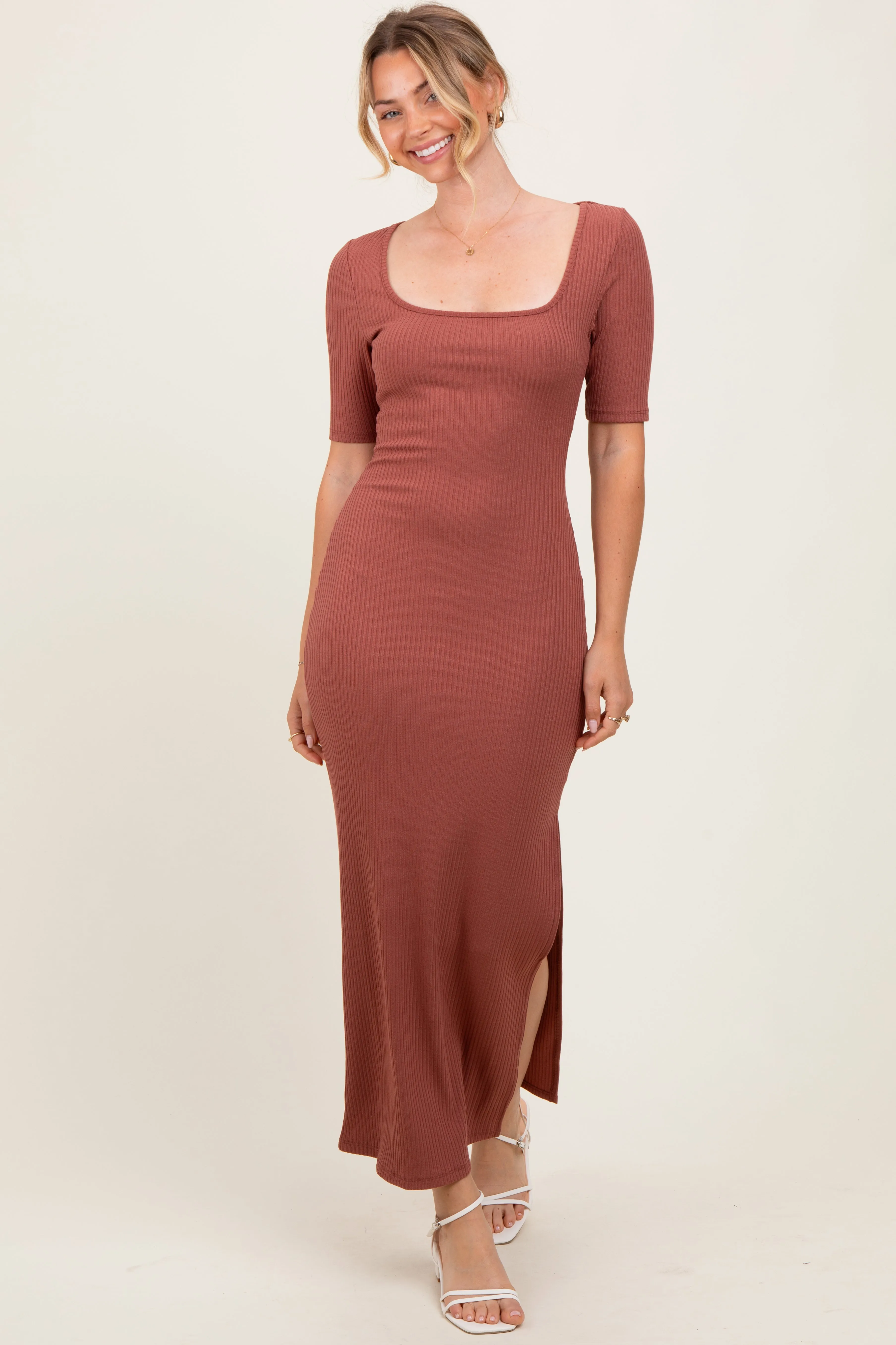 Mauve Ribbed Short Sleeve Side Slit Midi Dress sold by Pinkblush