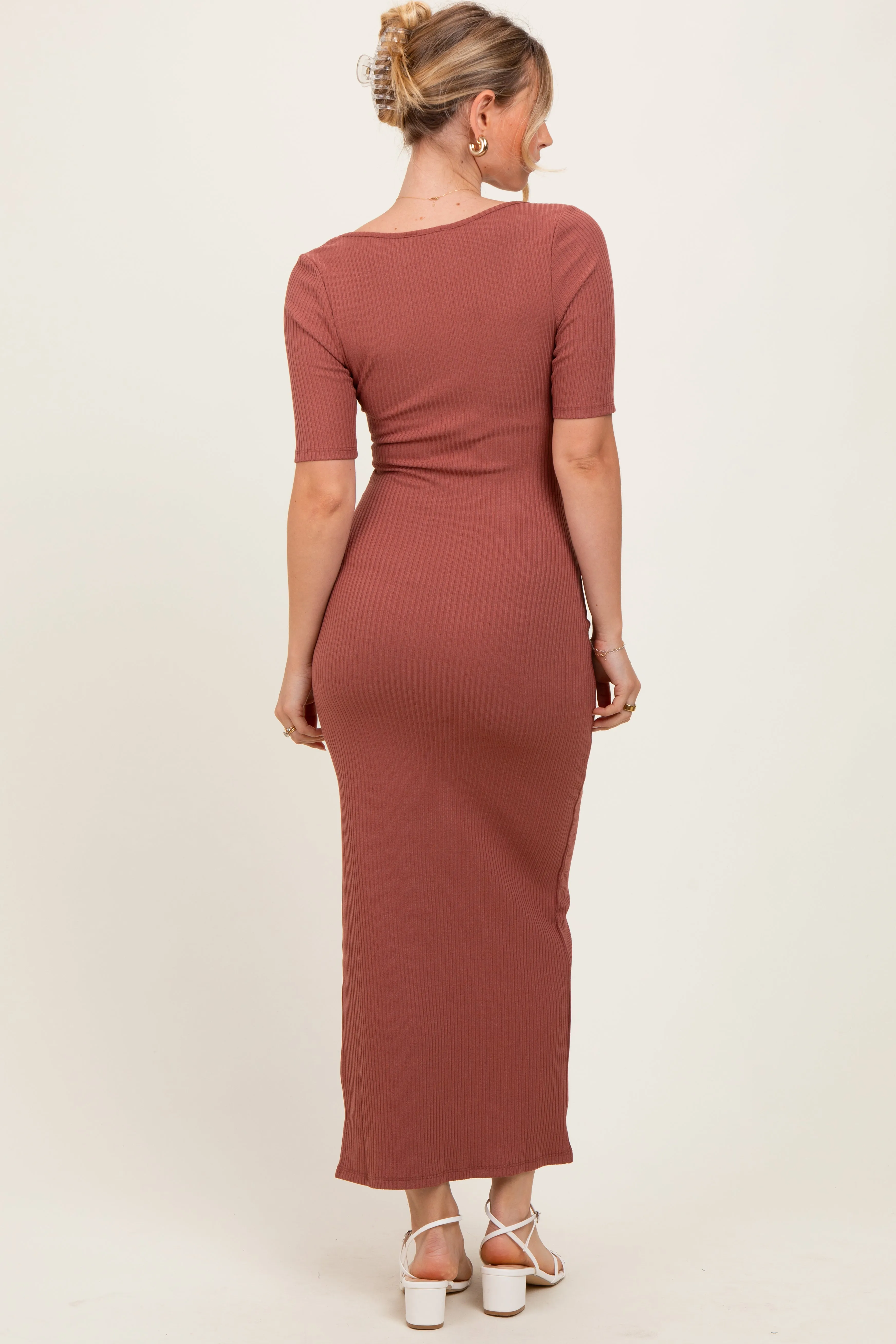 Mauve Ribbed Short Sleeve Side Slit Midi Dress sold by Pinkblush product image thumbnail 3