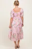 Pink Floral Pleated Bust Puff Sleeve Midi Dress sold by Pinkblush