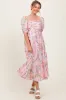 Pink Floral Pleated Bust Puff Sleeve Midi Dress sold by Pinkblush