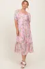 Pink Floral Pleated Bust Puff Sleeve Midi Dress sold by Pinkblush