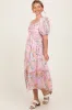 Pink Floral Pleated Bust Puff Sleeve Midi Dress sold by Pinkblush
