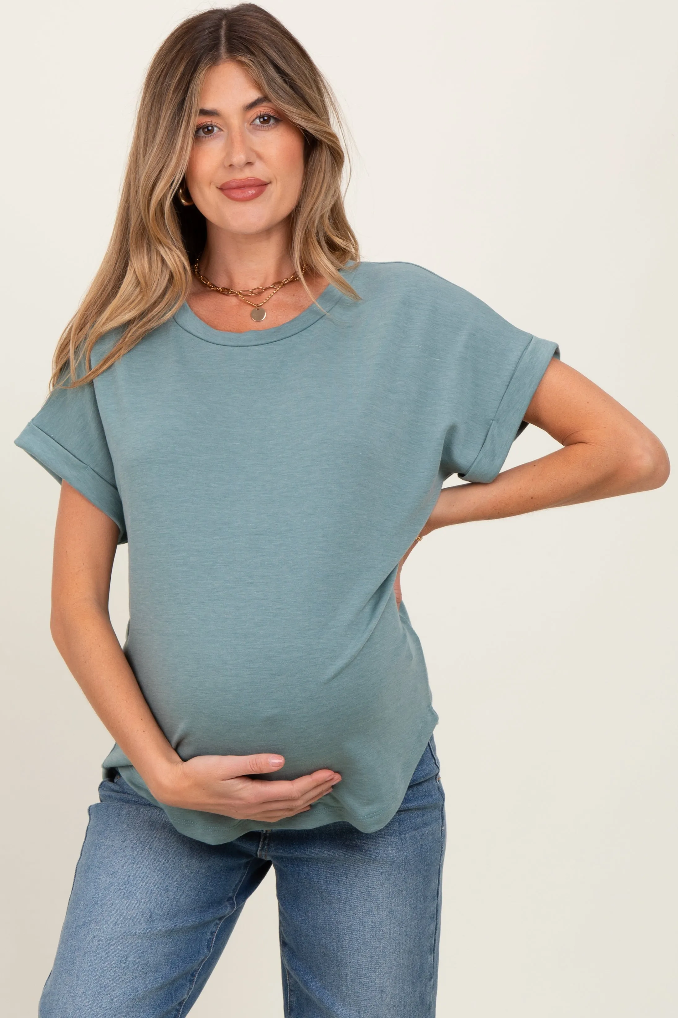 Light Olive Rolled Cuff Short Sleeve Maternity Top sold by Pinkblush product image thumbnail 2