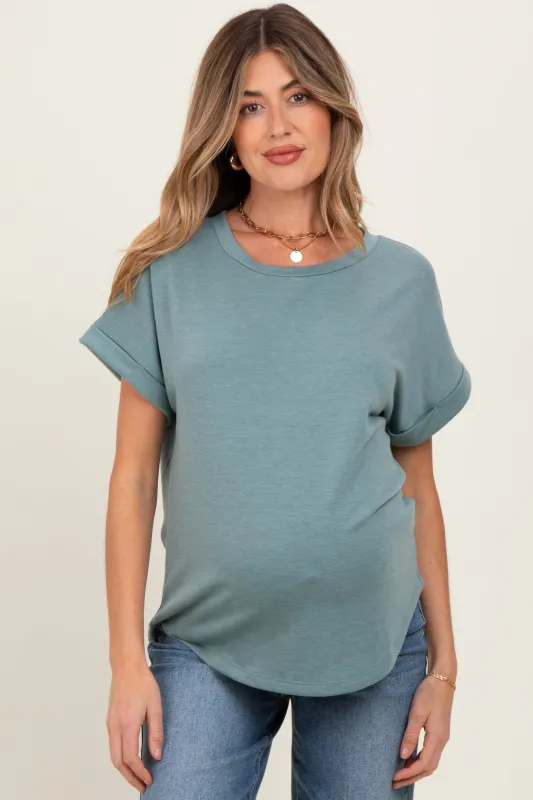 Light Olive Rolled Cuff Short Sleeve Maternity Top sold by Pinkblush