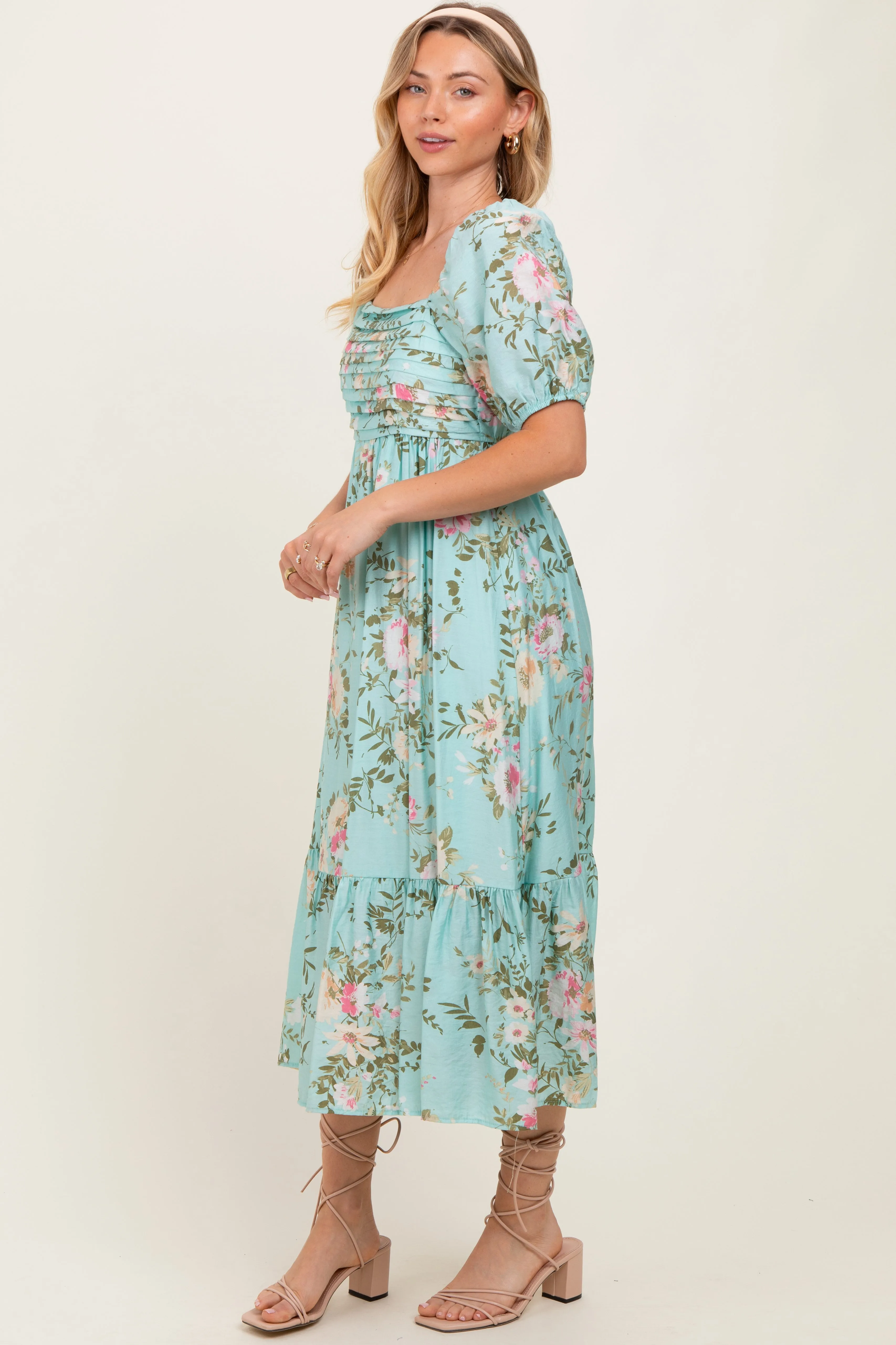 Mint Floral Pleated Bust Puff Sleeve Midi Dress sold by Pinkblush product image thumbnail 3