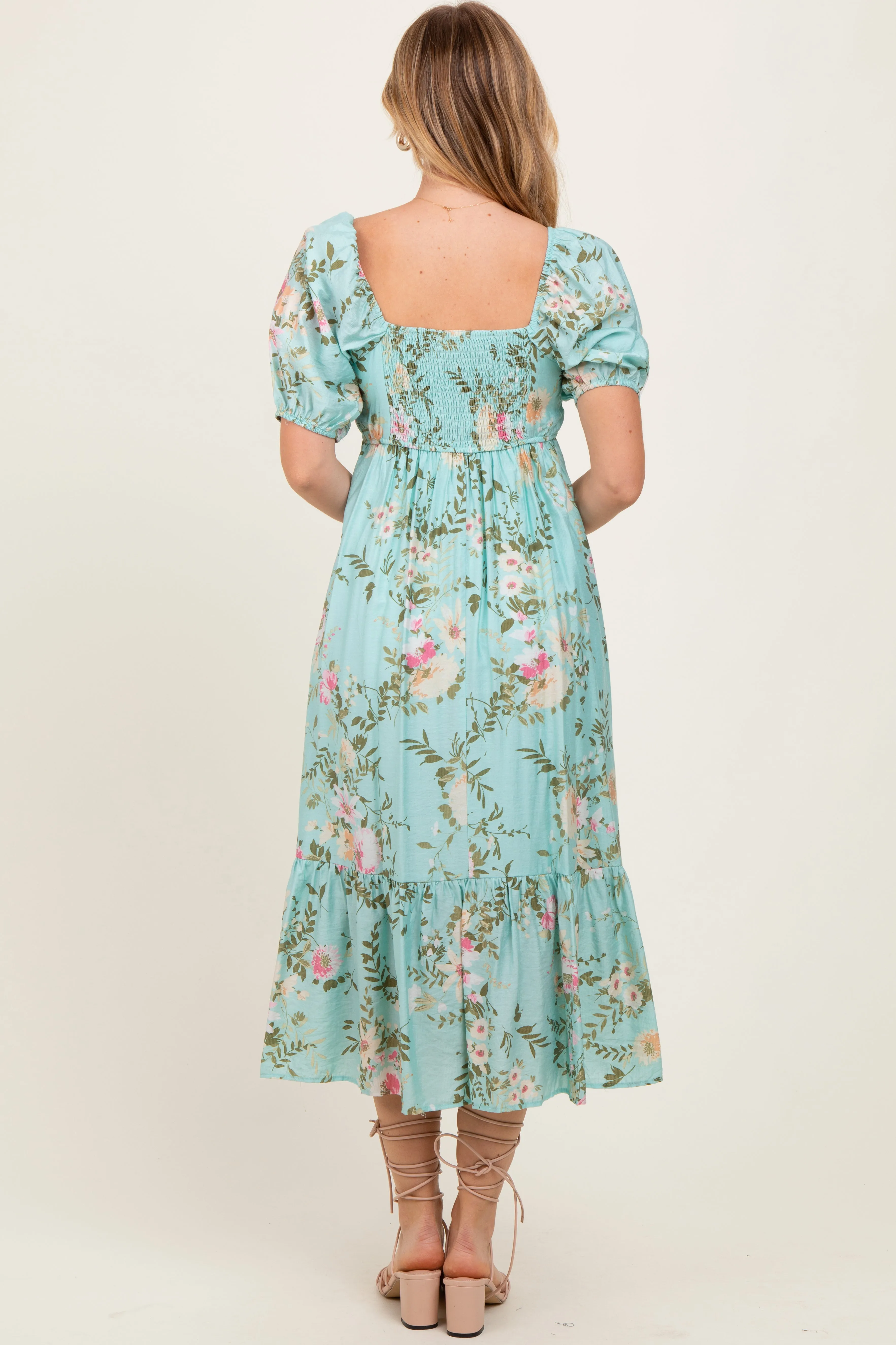 Mint Floral Pleated Bust Puff Sleeve Midi Dress sold by Pinkblush product image thumbnail 4