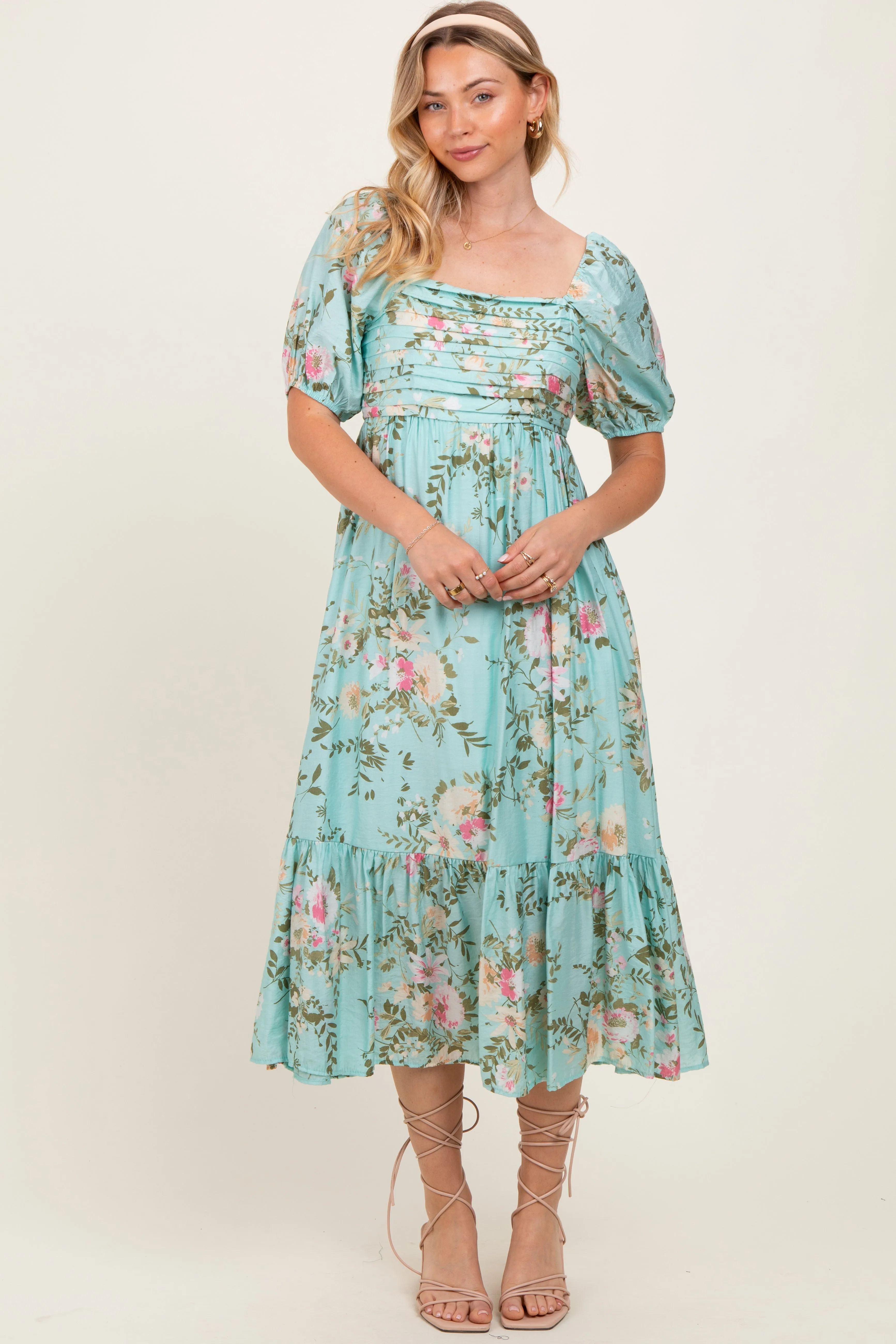 Mint Floral Pleated Bust Puff Sleeve Midi Dress sold by Pinkblush product image thumbnail 2