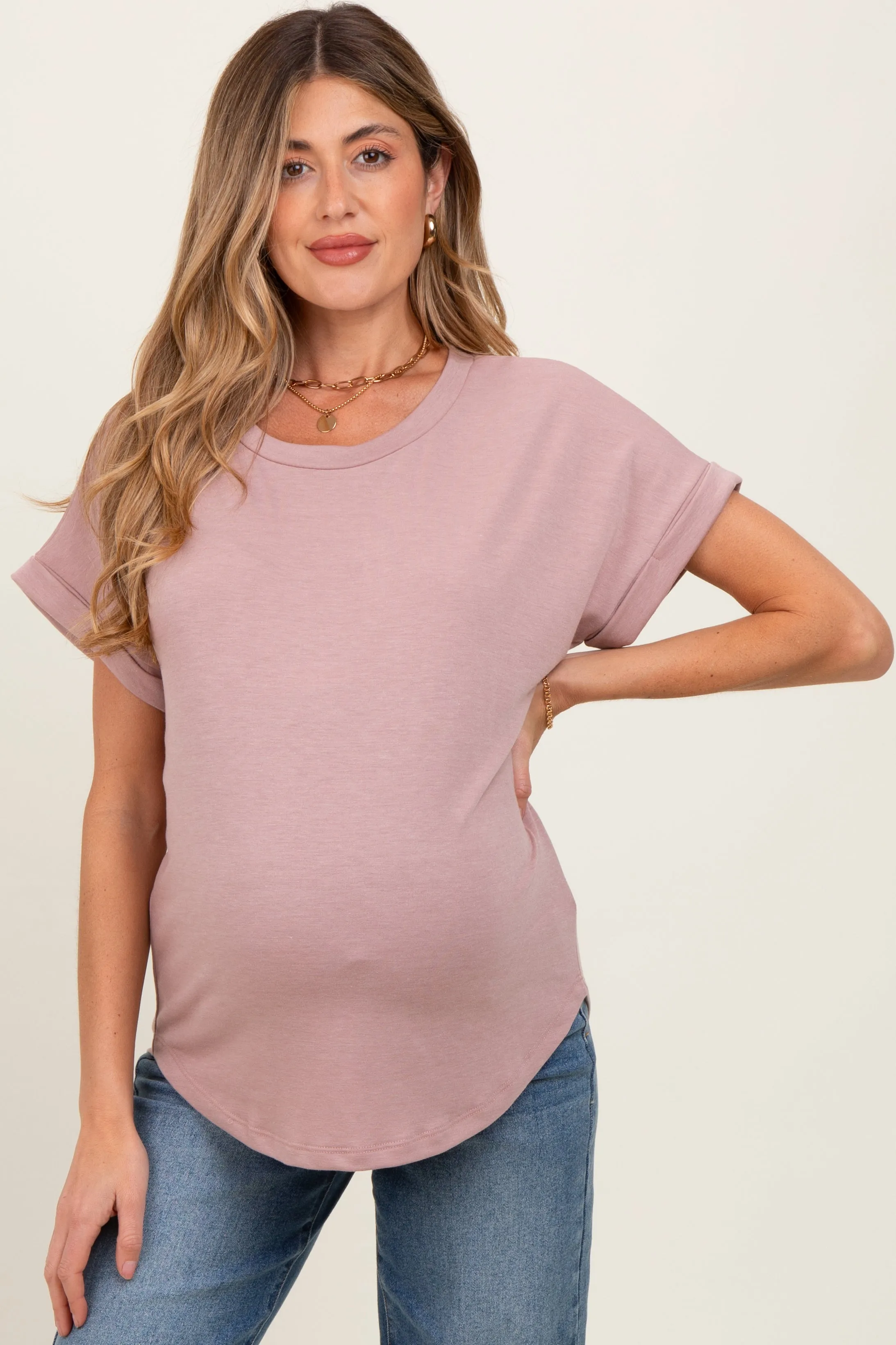 Light Mauve Rolled Cuff Short Sleeve Maternity Top sold by Pinkblush